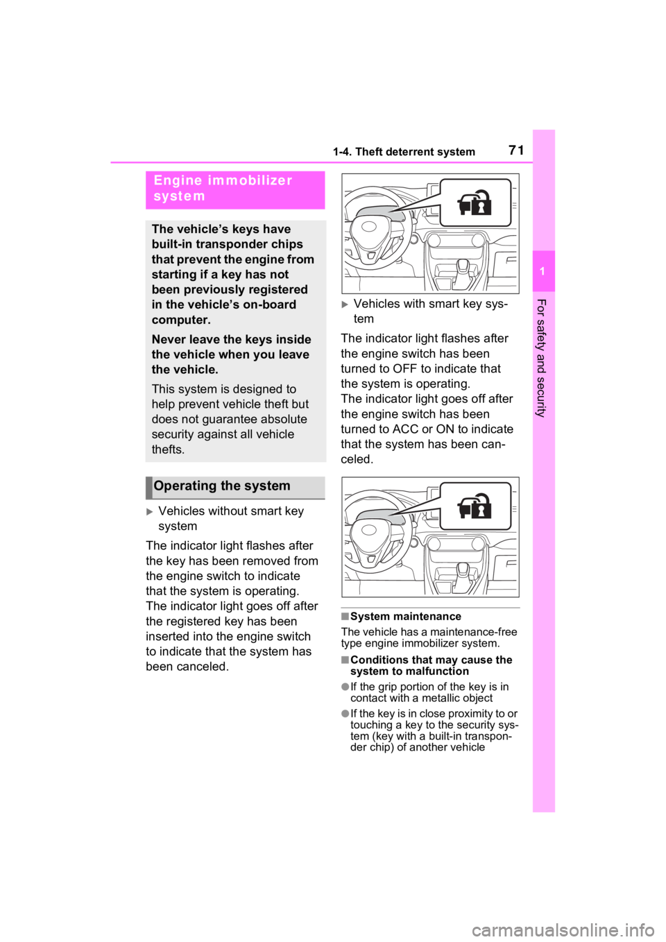 TOYOTA RAV4 2022 Owners Manual 711-4. Theft deterrent system
1
For safety and security
1-4.Theft deterrent system
Vehicles without smart key
system
The indicator light flashes after
the key has been removed from
the engine sw TOYOTA RAV4 2022 Owners Manual 711-4. Theft deterrent system
1
For safety and security
1-4.Theft deterrent system
Vehicles without smart key
system
The indicator light flashes after
the key has been removed from
the engine sw