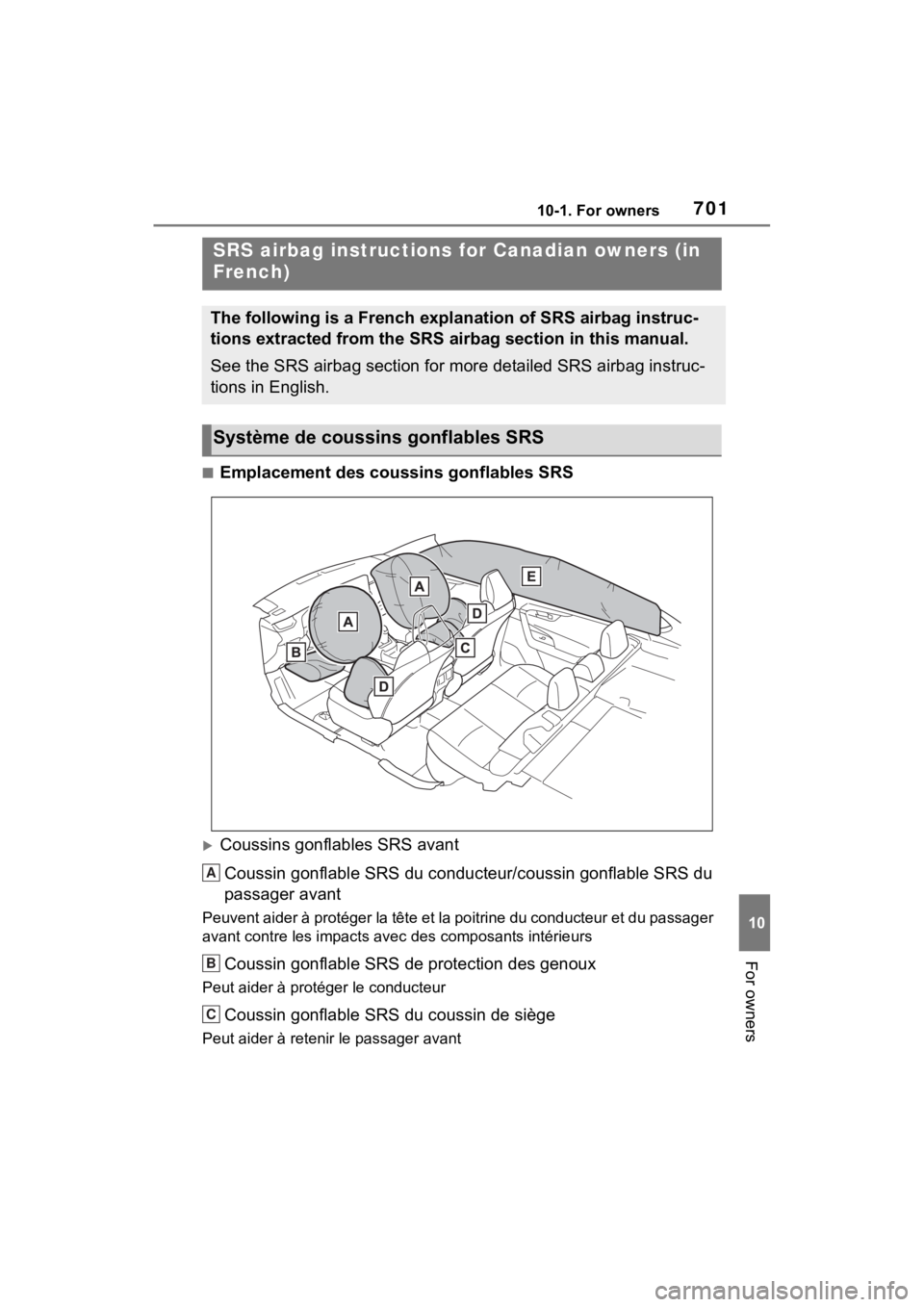 TOYOTA RAV4 2022 Owners Manual 70110-1. For owners
10
For owners
■Emplacement des coussins gonflables SRS
Coussins gonflables SRS avantCoussin gonflable SRS du conducteur/coussin gonflable SRS du
passager avant
Peuvent aider TOYOTA RAV4 2022 Owners Manual 70110-1. For owners
10
For owners
■Emplacement des coussins gonflables SRS
Coussins gonflables SRS avantCoussin gonflable SRS du conducteur/coussin gonflable SRS du
passager avant
Peuvent aider