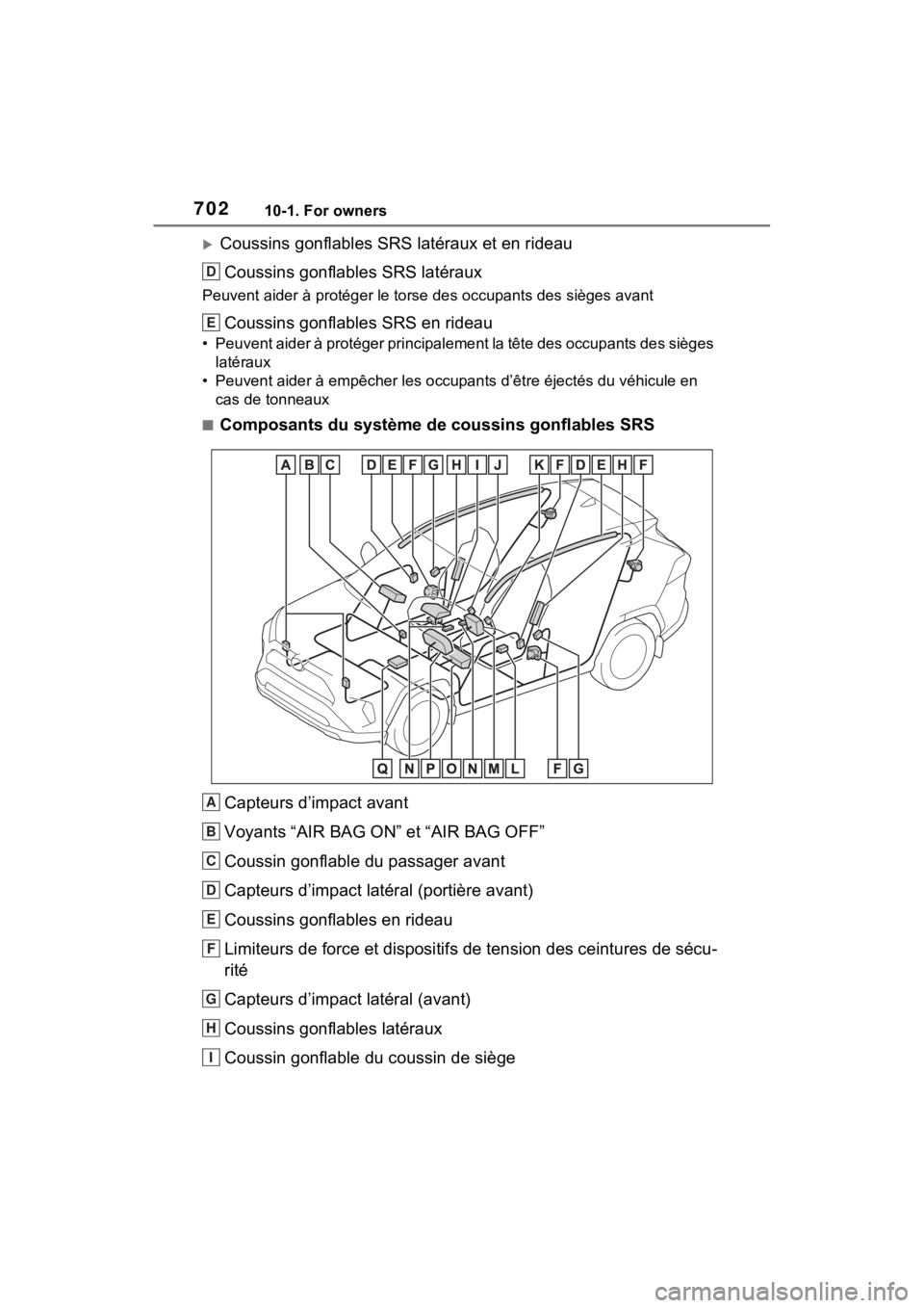 TOYOTA RAV4 2022 Owners Manual 70210-1. For owners
Coussins gonflables SRS latéraux et en rideauCoussins gonflables SRS latéraux
Peuvent aider à protéger le torse des occupants des sièges avan t
Coussins gonflables SRS en r TOYOTA RAV4 2022 Owners Manual 70210-1. For owners
Coussins gonflables SRS latéraux et en rideauCoussins gonflables SRS latéraux
Peuvent aider à protéger le torse des occupants des sièges avan t
Coussins gonflables SRS en r