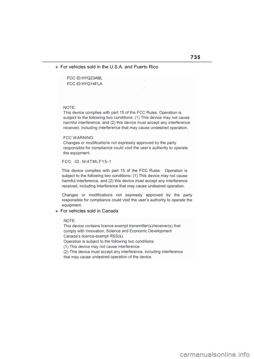 TOYOTA RAV4 2022  Owners Manual 735
For vehicles sold in the U.S.A. and Puerto Rico
For vehicles sold in Canada 