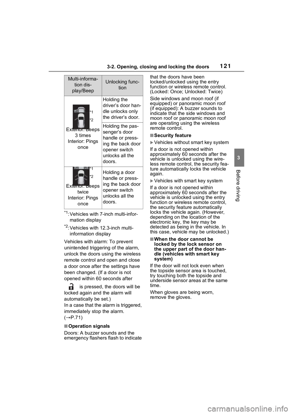 TOYOTA RAV4 2023 Owners Manual 1213-2. Opening, closing and locking the doors
3
Before driving
*1: Vehicles with 7-inch multi-infor-
mation display
*2: Vehicles with 12.3-inch multi-information display
Vehicles with alarm: To preve TOYOTA RAV4 2023 Owners Manual 1213-2. Opening, closing and locking the doors
3
Before driving
*1: Vehicles with 7-inch multi-infor-
mation display
*2: Vehicles with 12.3-inch multi-information display
Vehicles with alarm: To preve