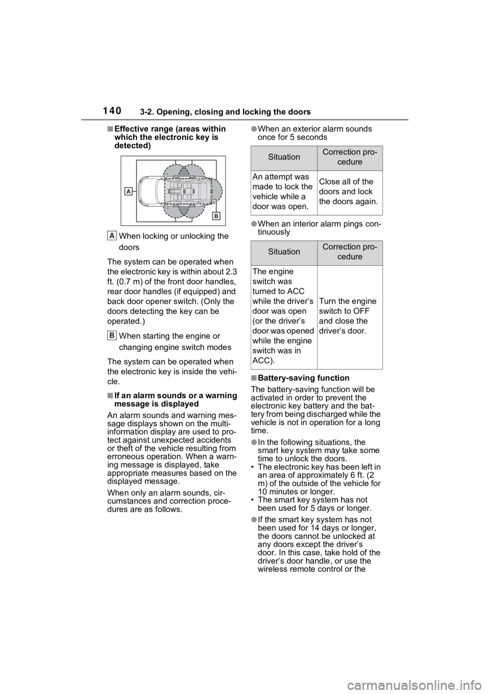 TOYOTA RAV4 2023 Owners Guide 1403-2. Opening, closing and locking the doors
■Effective range (areas within
which the electronic key is
detected)When locking or unlocking the
doors
The system can be operated when
the electro TOYOTA RAV4 2023 Owners Guide 1403-2. Opening, closing and locking the doors
■Effective range (areas within
which the electronic key is
detected)When locking or unlocking the
doors
The system can be operated when
the electro
