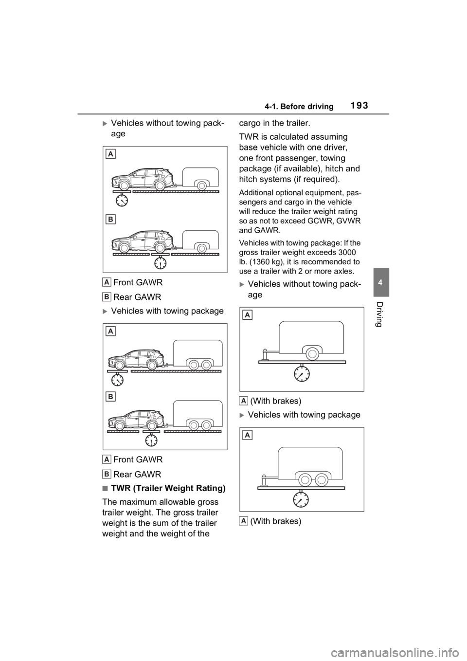 TOYOTA RAV4 2023 Owners Manual 1934-1. Before driving
4
Driving
Vehicles without towing pack-
ageFront GAWR
Rear GAWR
Vehicles with towing packageFront GAWR
Rear GAWR
■TWR (Trailer Weight Rating)
The maximum allowable gross TOYOTA RAV4 2023 Owners Manual 1934-1. Before driving
4
Driving
Vehicles without towing pack-
ageFront GAWR
Rear GAWR
Vehicles with towing packageFront GAWR
Rear GAWR
■TWR (Trailer Weight Rating)
The maximum allowable gross