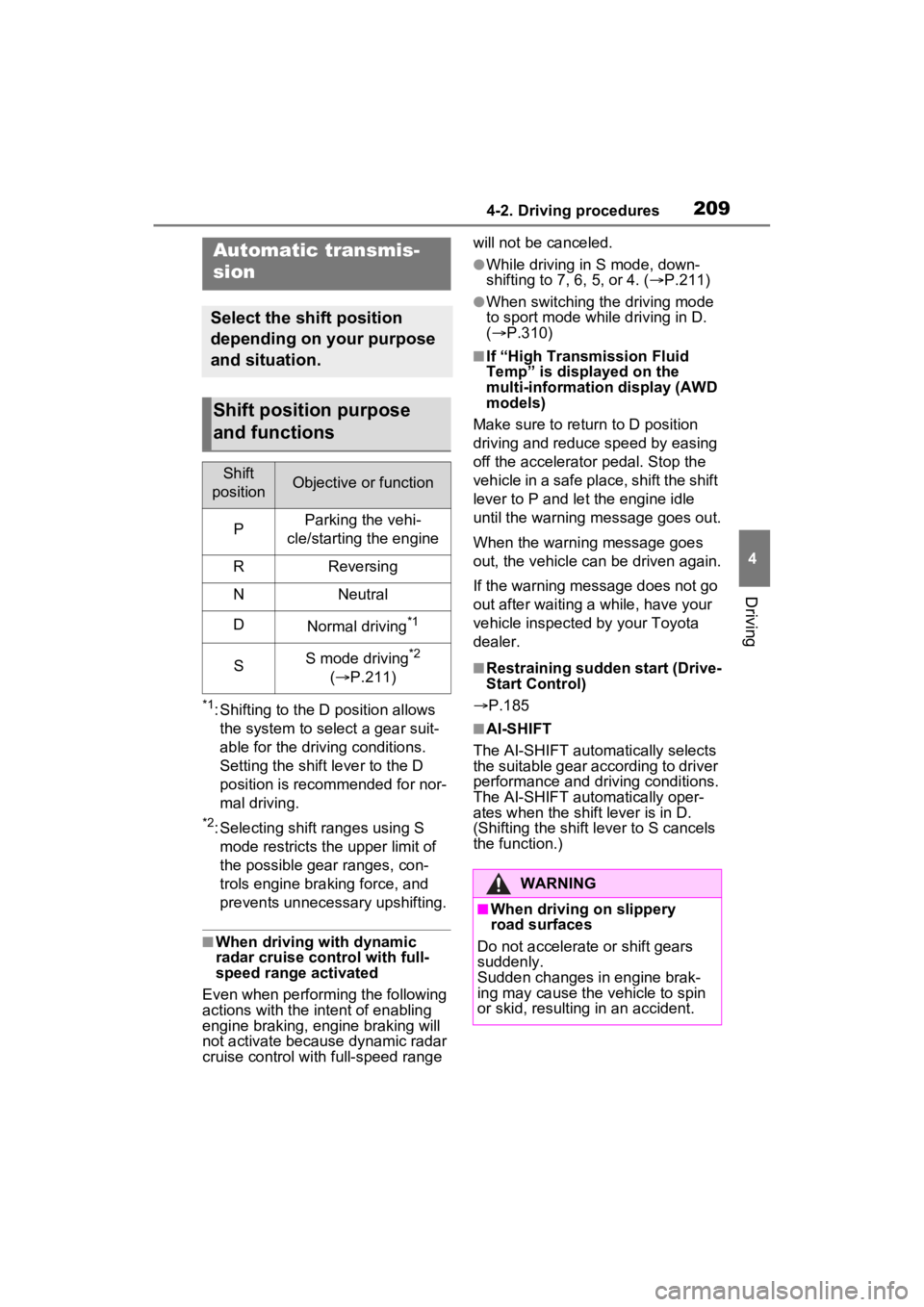 TOYOTA RAV4 2023 Owners Manual 2094-2. Driving procedures
4
Driving
*1: Shifting to the D position allows the system to select a gear suit-
able for the driving conditions.
Setting the shift lever to the D
position is recommended TOYOTA RAV4 2023 Owners Manual 2094-2. Driving procedures
4
Driving
*1: Shifting to the D position allows the system to select a gear suit-
able for the driving conditions.
Setting the shift lever to the D
position is recommended