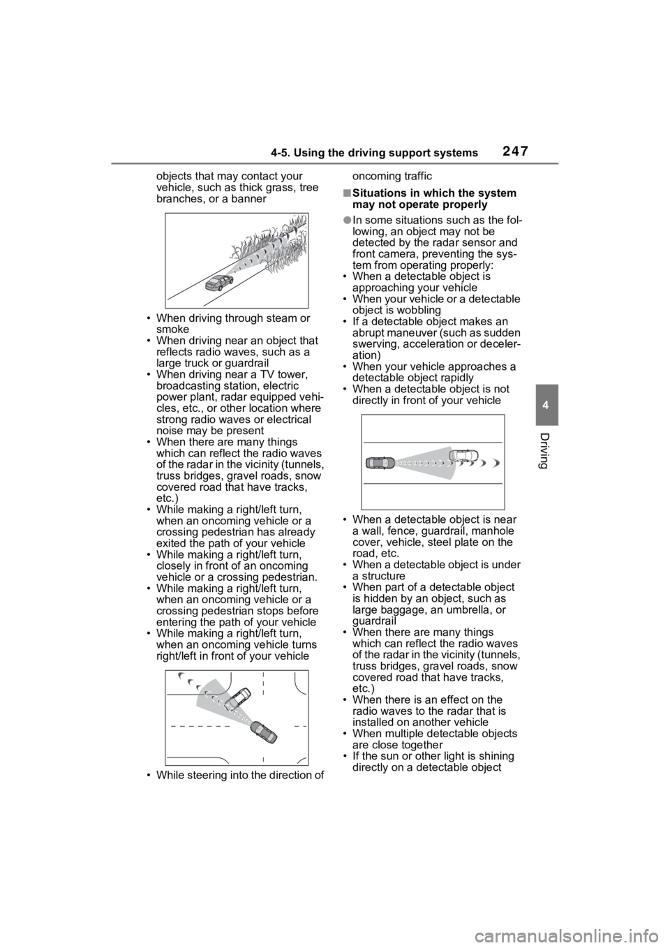 TOYOTA RAV4 2023 Owners Manual 2474-5. Using the driving support systems
4
Driving
objects that may contact your
vehicle, such as thick grass, tree
branches, or a banner
• When driving through steam or smoke
• When driving n TOYOTA RAV4 2023 Owners Manual 2474-5. Using the driving support systems
4
Driving
objects that may contact your
vehicle, such as thick grass, tree
branches, or a banner
• When driving through steam or smoke
• When driving n