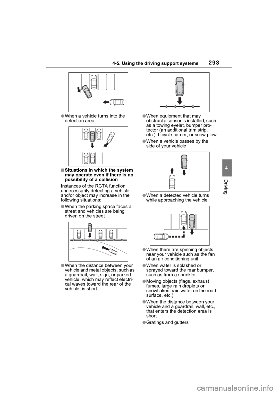 TOYOTA RAV4 2023 Service Manual 2934-5. Using the driving support systems
4
Driving
●When a vehicle turns into the
detection area
■Situations in which the system
may operate even if there is no
possibility of a collision
Inst TOYOTA RAV4 2023 Service Manual 2934-5. Using the driving support systems
4
Driving
●When a vehicle turns into the
detection area
■Situations in which the system
may operate even if there is no
possibility of a collision
Inst