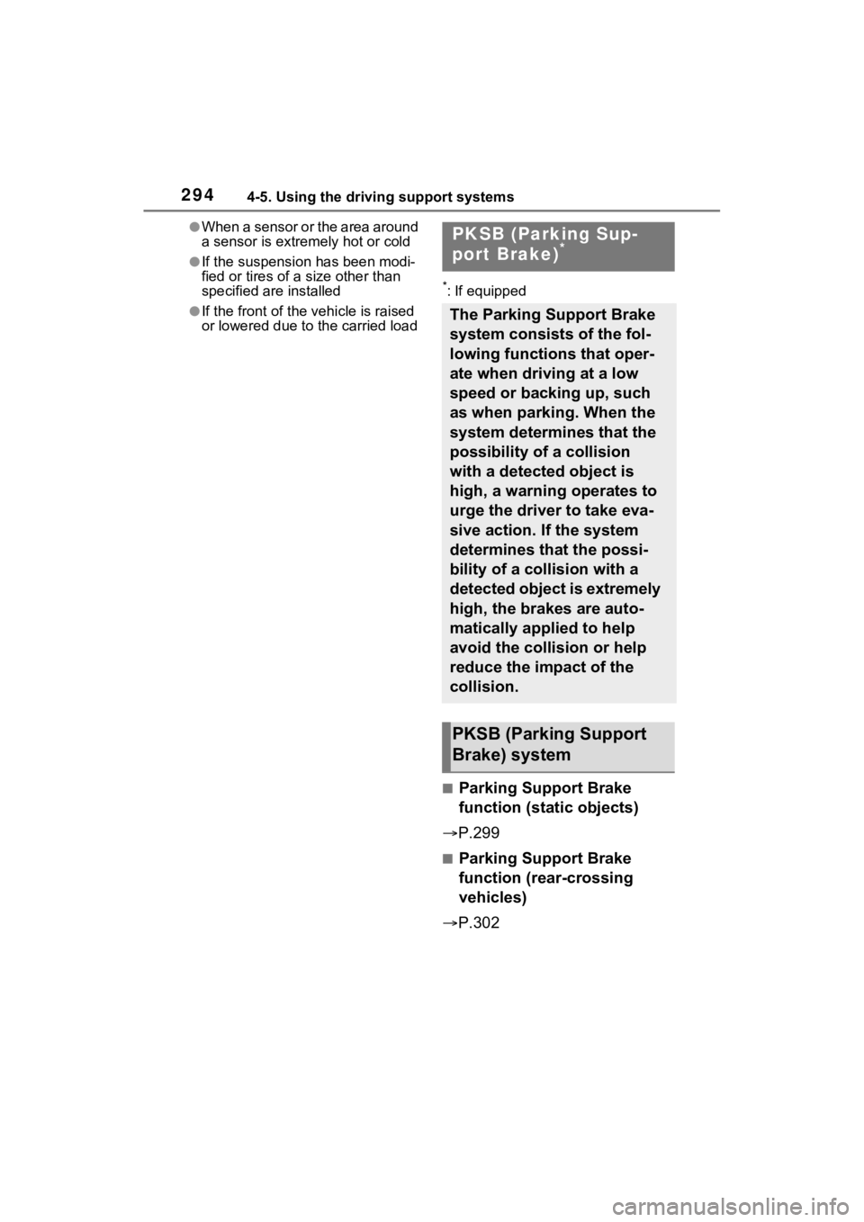 TOYOTA RAV4 2023 Workshop Manual 2944-5. Using the driving support systems
●When a sensor or the area around
a sensor is extremely hot or cold
●If the suspension has been modi-
fied or tires of a size other than
specified are i TOYOTA RAV4 2023 Workshop Manual 2944-5. Using the driving support systems
●When a sensor or the area around
a sensor is extremely hot or cold
●If the suspension has been modi-
fied or tires of a size other than
specified are i
