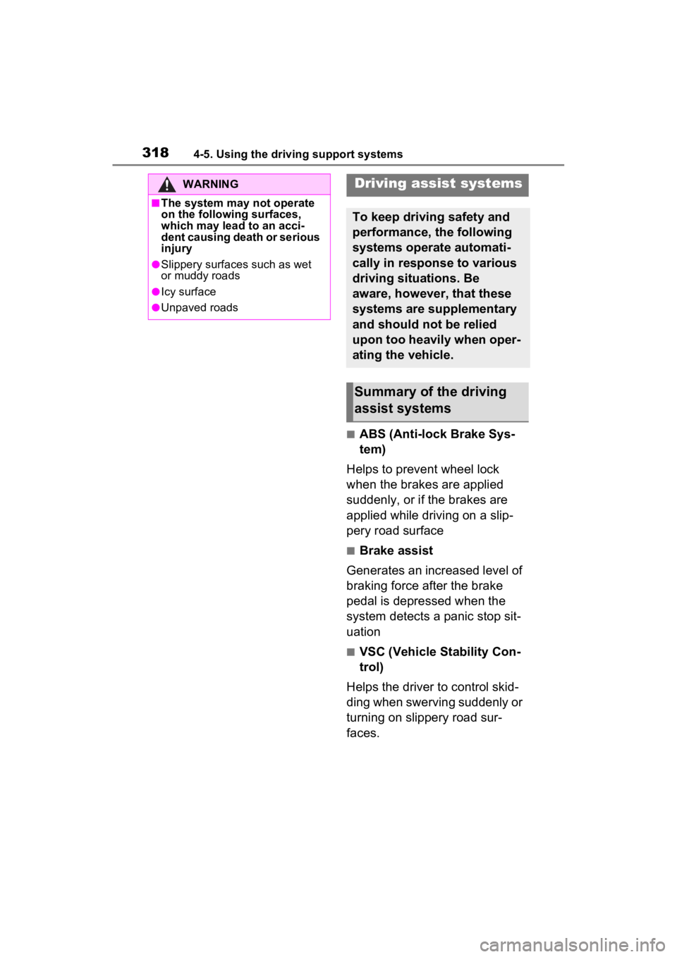 TOYOTA RAV4 2023 Owners Manual 3184-5. Using the driving support systems
■ABS (Anti-lock Brake Sys-
tem)
Helps to prevent wheel lock
when the brakes are applied
suddenly, or if the brakes are
applied while driving on a slip-
p TOYOTA RAV4 2023 Owners Manual 3184-5. Using the driving support systems
■ABS (Anti-lock Brake Sys-
tem)
Helps to prevent wheel lock
when the brakes are applied
suddenly, or if the brakes are
applied while driving on a slip-
p