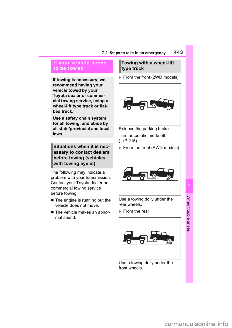 TOYOTA RAV4 2023 Owners Manual 4437-2. Steps to take in an emergency
7
When trouble arises
7-2.Steps to take in an emergency
The following may indicate a
problem with your transmission.
Contact your Toyota dealer or
commercial t TOYOTA RAV4 2023 Owners Manual 4437-2. Steps to take in an emergency
7
When trouble arises
7-2.Steps to take in an emergency
The following may indicate a
problem with your transmission.
Contact your Toyota dealer or
commercial t