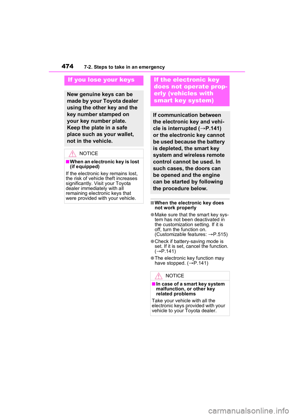 TOYOTA RAV4 2023 Repair Manual 4747-2. Steps to take in an emergency
■When the electronic key does
not work properly
●Make sure that the smart key sys-
tem has not been deactivated in
the customization setting. If it is
off, TOYOTA RAV4 2023 Repair Manual 4747-2. Steps to take in an emergency
■When the electronic key does
not work properly
●Make sure that the smart key sys-
tem has not been deactivated in
the customization setting. If it is
off,