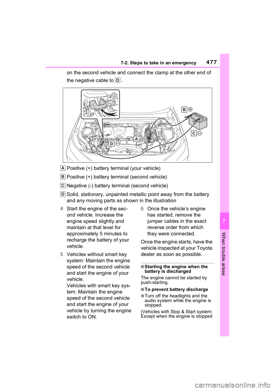 TOYOTA RAV4 2023 Repair Manual 4777-2. Steps to take in an emergency
7
When trouble arises
on the second vehicle and connect the clamp at the other end of
the negative cable to .
Positive (+) battery terminal (your vehicle)
Posit TOYOTA RAV4 2023 Repair Manual 4777-2. Steps to take in an emergency
7
When trouble arises
on the second vehicle and connect the clamp at the other end of
the negative cable to .
Positive (+) battery terminal (your vehicle)
Posit