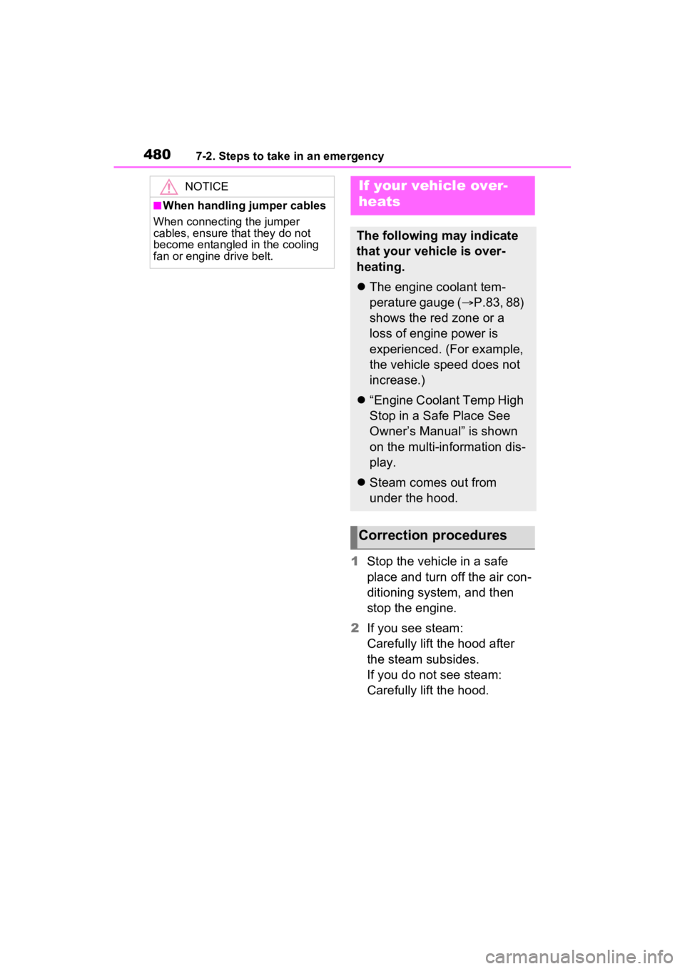 TOYOTA RAV4 2023 User Guide 4807-2. Steps to take in an emergency
1Stop the vehicle in a safe 
place and turn off the air con-
ditioning system, and then 
stop the engine.
2 If you see steam:
Carefully lift the hood after 
the s