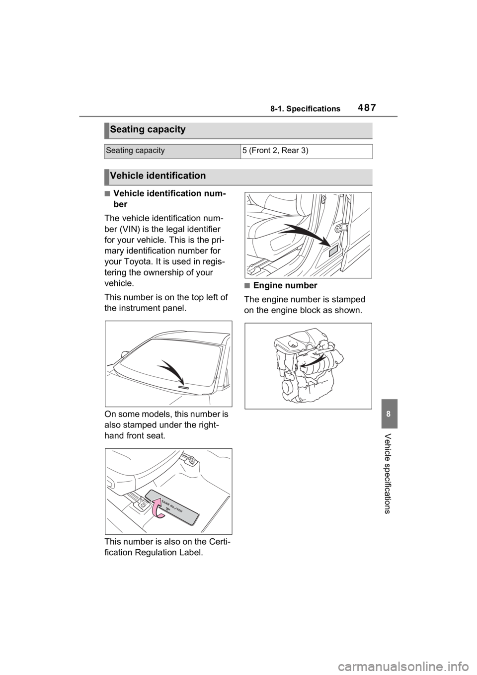 TOYOTA RAV4 2023 Owners Manual 4878-1. Specifications
8
Vehicle specifications
■Vehicle identification num-
ber
The vehicle identification num-
ber (VIN) is the legal identifier
for your vehicle. This is the pri-
mary identifica TOYOTA RAV4 2023 Owners Manual 4878-1. Specifications
8
Vehicle specifications
■Vehicle identification num-
ber
The vehicle identification num-
ber (VIN) is the legal identifier
for your vehicle. This is the pri-
mary identifica