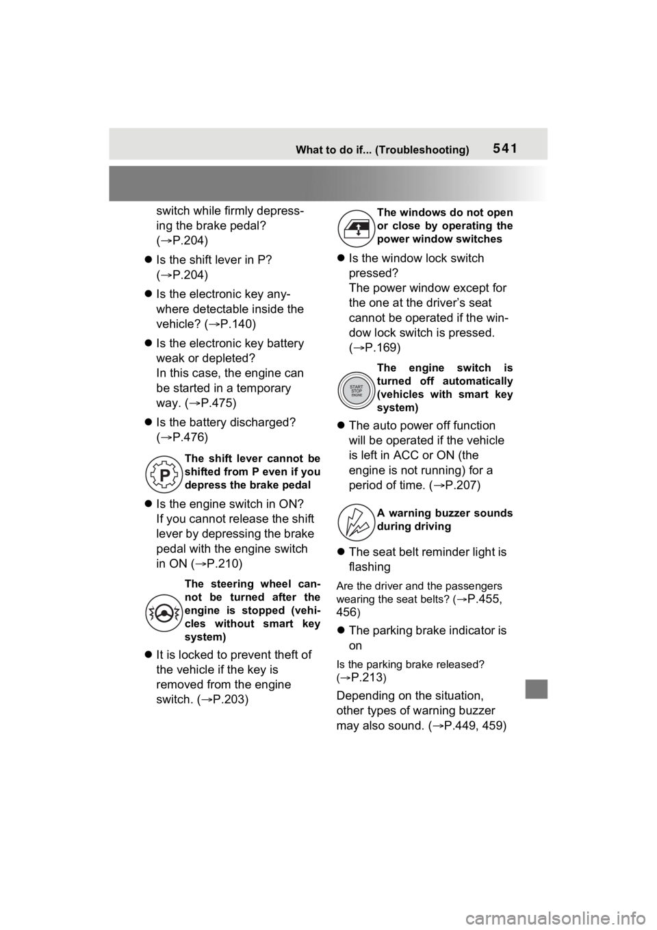 TOYOTA RAV4 2023 Manual PDF 541What to do if... (Troubleshooting)
switch while firmly depress-
ing the brake pedal?
(P.204)
Is the shift lever in P?
( P.204)
Is the electronic key any-
where detectable inside the TOYOTA RAV4 2023 Manual PDF 541What to do if... (Troubleshooting)
switch while firmly depress-
ing the brake pedal?
(P.204)
Is the shift lever in P?
( P.204)
Is the electronic key any-
where detectable inside the
