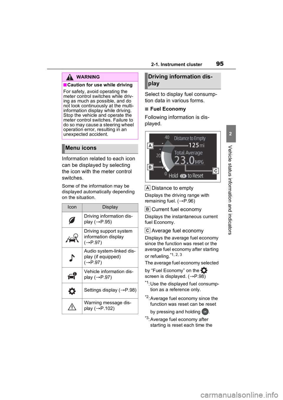 TOYOTA RAV4 2023 Owners Manual 952-1. Instrument cluster
2
Vehicle status information and indicators
Information related to each icon
can be displayed by selecting
the icon with the meter control
switches.
Some of the informatio TOYOTA RAV4 2023 Owners Manual 952-1. Instrument cluster
2
Vehicle status information and indicators
Information related to each icon
can be displayed by selecting
the icon with the meter control
switches.
Some of the informatio