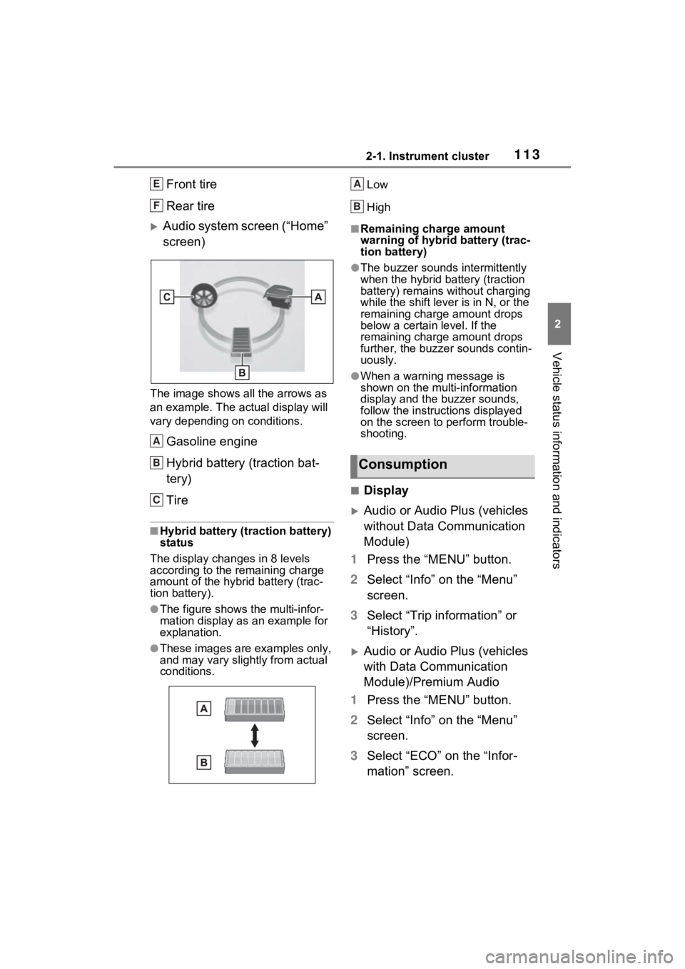 TOYOTA RAV4 HYBRID 2022 Owners Manual 1132-1. Instrument cluster
2
Vehicle status information and indicators
Front tire
Rear tire
Audio system screen (“Home”
screen)
The image shows all the arrows as
an example. The actual displa TOYOTA RAV4 HYBRID 2022 Owners Manual 1132-1. Instrument cluster
2
Vehicle status information and indicators
Front tire
Rear tire
Audio system screen (“Home”
screen)
The image shows all the arrows as
an example. The actual displa