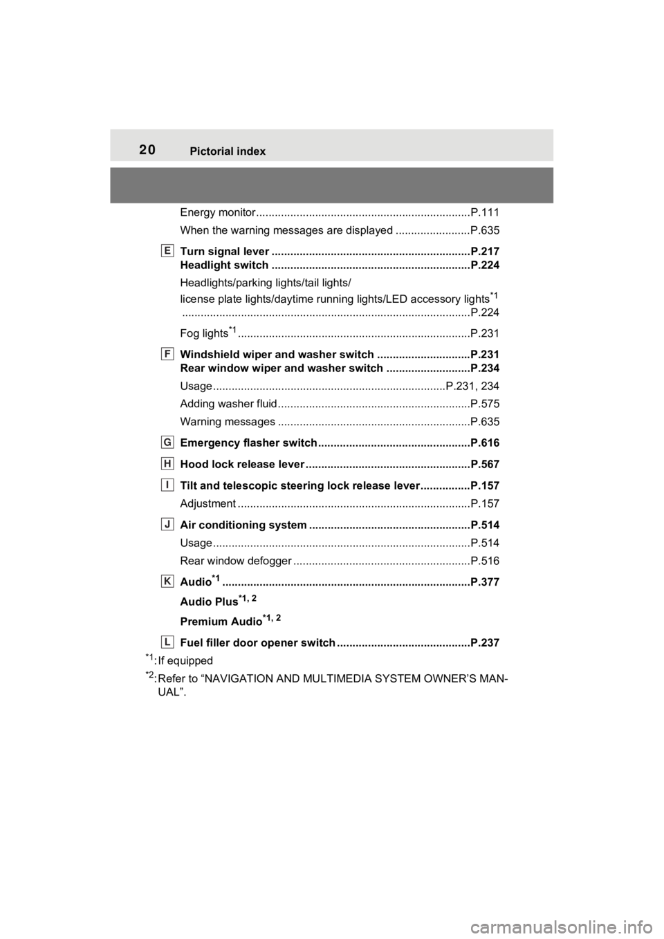 TOYOTA RAV4 HYBRID 2022  Owners Manual 20Pictorial index
Energy monitor.....................................................................P.111
When the warning messages are displayed ........................ P.635
Turn signal lever ....