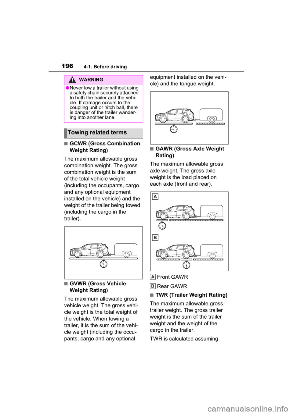 TOYOTA RAV4 HYBRID 2022 Owners Manual 1964-1. Before driving
■GCWR (Gross Combination
Weight Rating)
The maximum allowable gross
combination weight. The gross
combination weight is the sum
of the total vehicle weight
(including the TOYOTA RAV4 HYBRID 2022 Owners Manual 1964-1. Before driving
■GCWR (Gross Combination
Weight Rating)
The maximum allowable gross
combination weight. The gross
combination weight is the sum
of the total vehicle weight
(including the