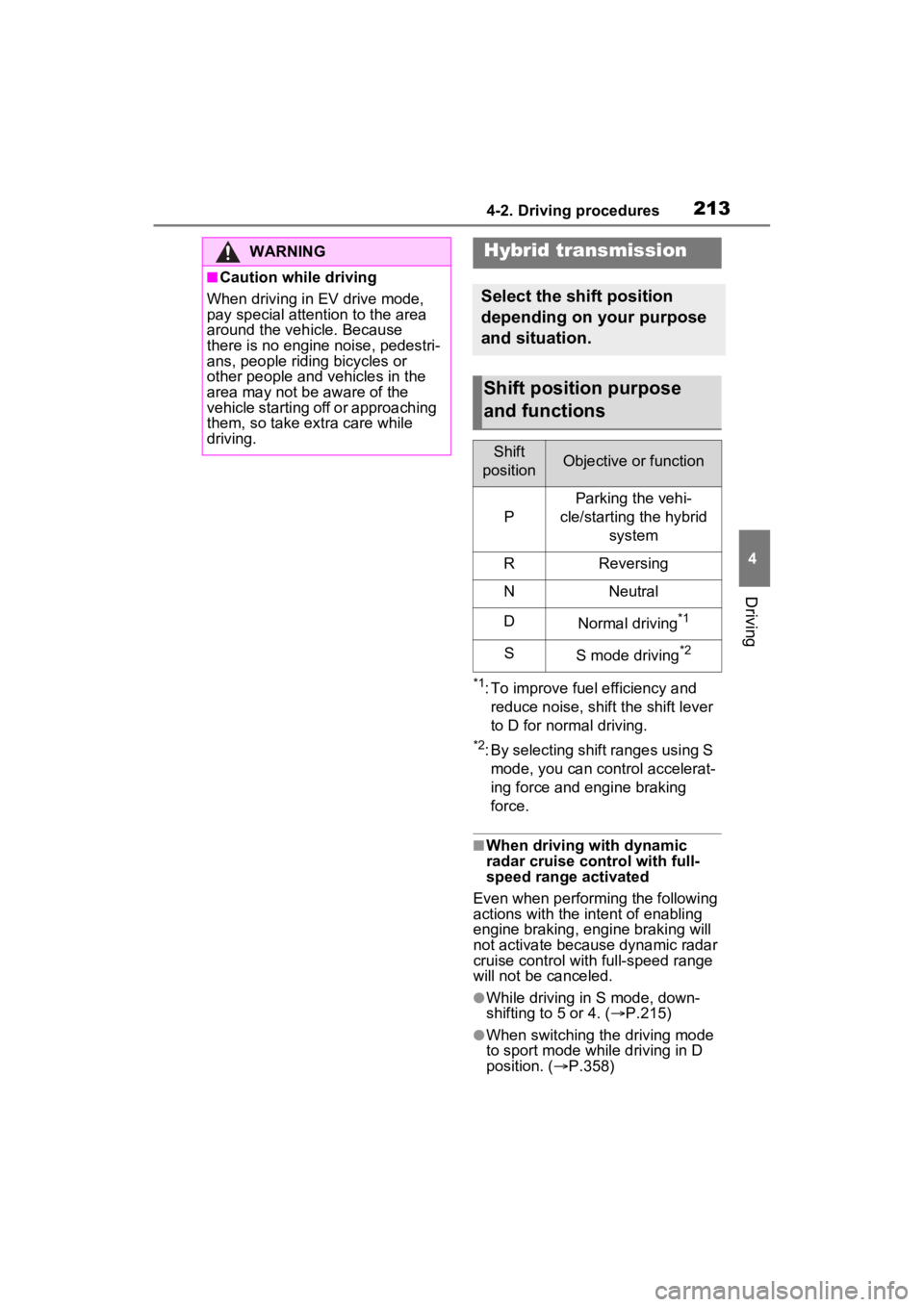 TOYOTA RAV4 HYBRID 2022 Owners Manual 2134-2. Driving procedures
4
Driving
*1: To improve fuel efficiency and reduce noise, shift the shift lever
to D for normal driving.
*2: By selecting shift ranges using S mode, you can control accele TOYOTA RAV4 HYBRID 2022 Owners Manual 2134-2. Driving procedures
4
Driving
*1: To improve fuel efficiency and reduce noise, shift the shift lever
to D for normal driving.
*2: By selecting shift ranges using S mode, you can control accele