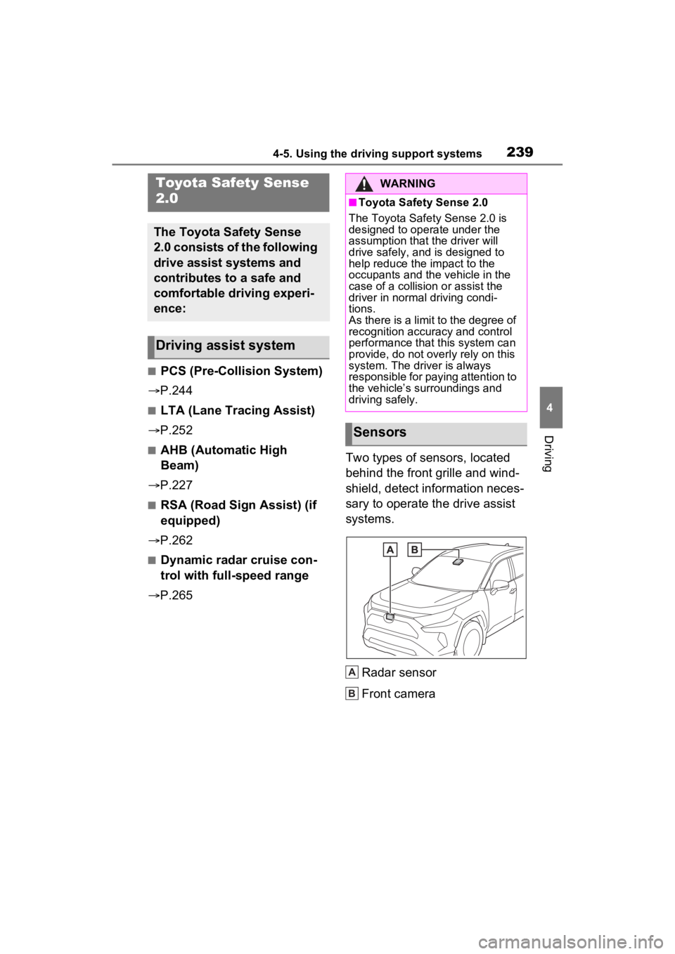 TOYOTA RAV4 HYBRID 2022 Owners Manual 2394-5. Using the driving support systems
4
Driving
4-5.Using the driving support systems
■PCS (Pre-Collision System)
P.244
■LTA (Lane Tracing Assist)
P.252
■AHB (Automatic High
Beam)
TOYOTA RAV4 HYBRID 2022 Owners Manual 2394-5. Using the driving support systems
4
Driving
4-5.Using the driving support systems
■PCS (Pre-Collision System)
P.244
■LTA (Lane Tracing Assist)
P.252
■AHB (Automatic High
Beam)