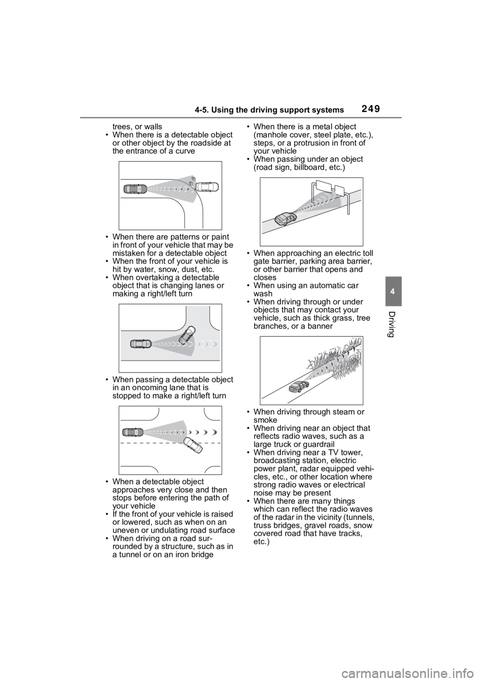 TOYOTA RAV4 HYBRID 2022 Owners Manual 2494-5. Using the driving support systems
4
Driving
trees, or walls
• When there is a detectable object or other object by the roadside at
the entrance of a curve
• When there are patterns or pa TOYOTA RAV4 HYBRID 2022 Owners Manual 2494-5. Using the driving support systems
4
Driving
trees, or walls
• When there is a detectable object or other object by the roadside at
the entrance of a curve
• When there are patterns or pa