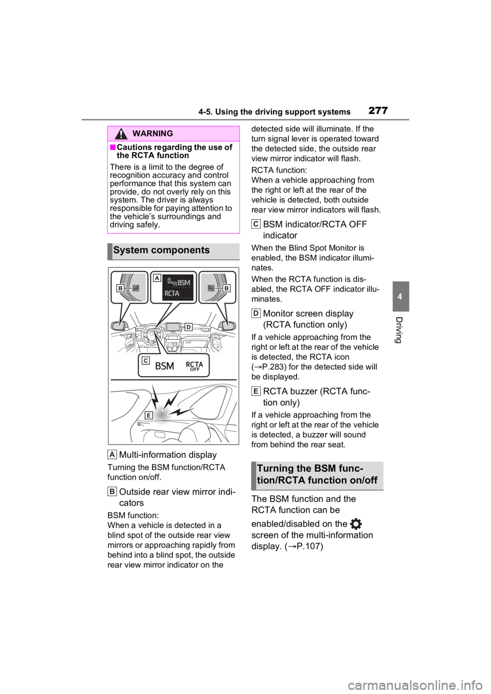 TOYOTA RAV4 HYBRID 2022 Owners Manual 2774-5. Using the driving support systems
4
Driving
Multi-information display
Turning the BSM function/RCTA
function on/off.
Outside rear view mirror indi-
cators
BSM function:
When a vehicle is dete TOYOTA RAV4 HYBRID 2022 Owners Manual 2774-5. Using the driving support systems
4
Driving
Multi-information display
Turning the BSM function/RCTA
function on/off.
Outside rear view mirror indi-
cators
BSM function:
When a vehicle is dete