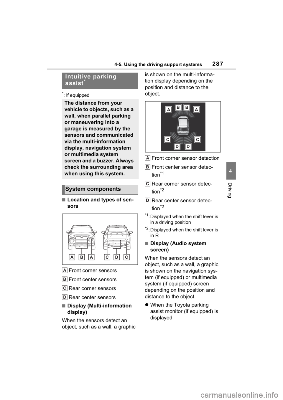 TOYOTA RAV4 HYBRID 2022 Service Manual 2874-5. Using the driving support systems
4
Driving
*: If equipped
■Location and types of sen-
sorsFront corner sensors
Front center sensors
Rear corner sensors
Rear center sensors
■Display (Multi TOYOTA RAV4 HYBRID 2022 Service Manual 2874-5. Using the driving support systems
4
Driving
*: If equipped
■Location and types of sen-
sorsFront corner sensors
Front center sensors
Rear corner sensors
Rear center sensors
■Display (Multi