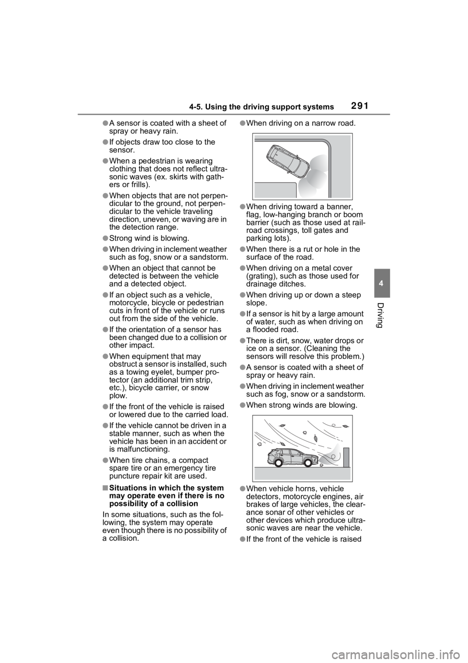 TOYOTA RAV4 HYBRID 2022 Service Manual 2914-5. Using the driving support systems
4
Driving
●A sensor is coated with a sheet of
spray or heavy rain.
●If objects draw too close to the
sensor.
●When a pedestrian is wearing
clothing t TOYOTA RAV4 HYBRID 2022 Service Manual 2914-5. Using the driving support systems
4
Driving
●A sensor is coated with a sheet of
spray or heavy rain.
●If objects draw too close to the
sensor.
●When a pedestrian is wearing
clothing t
