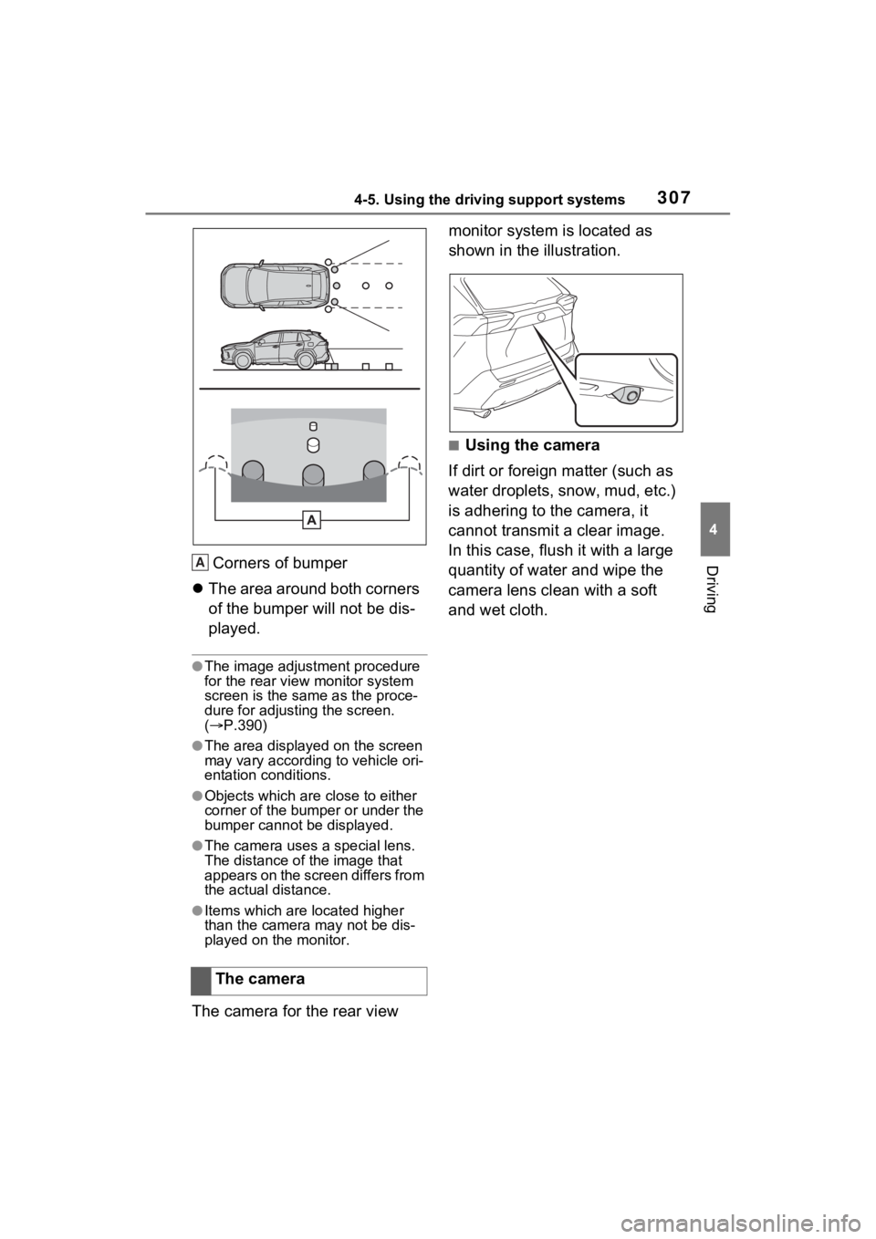 TOYOTA RAV4 HYBRID 2022  Owners Manual 3074-5. Using the driving support systems
4
DrivingCorners of bumper
 The area around both corners 
of the bumper will not be dis-
played.
●The image adjustment procedure 
for the rear view  moni