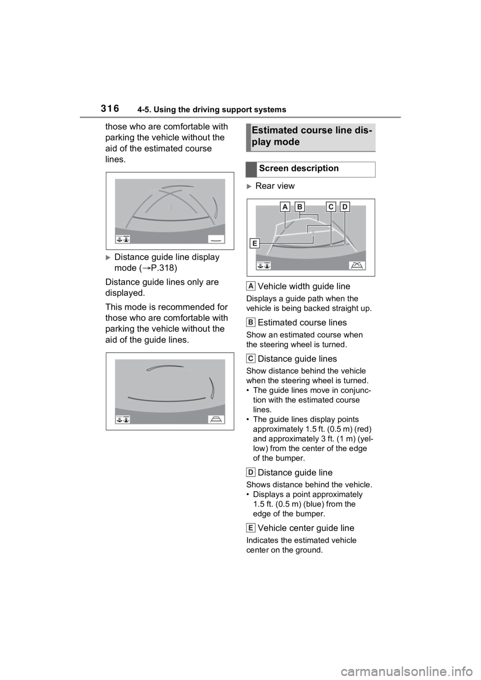 TOYOTA RAV4 HYBRID 2022  Owners Manual 3164-5. Using the driving support systems
those who are comfortable with 
parking the vehicle without the 
aid of the estimated course 
lines.
Distance guide line display 
mode (P.318)
Distance 