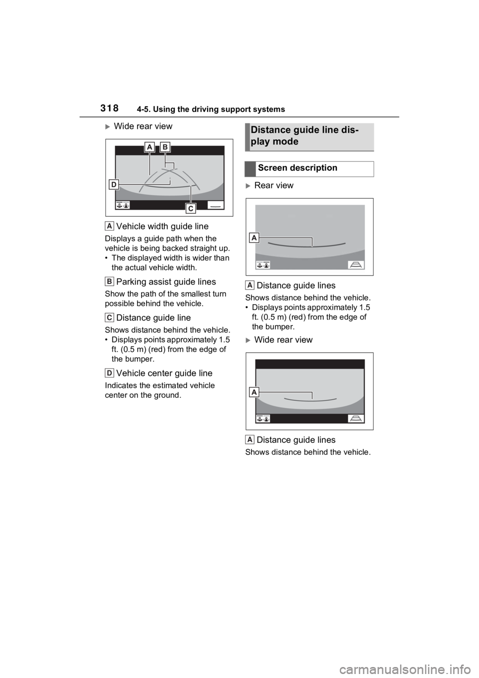 TOYOTA RAV4 HYBRID 2022 Owners Manual 3184-5. Using the driving support systems
Wide rear viewVehicle width guide line
Displays a guide path when the
vehicle is being b acked straight up.
• The displayed width is wider than the ac TOYOTA RAV4 HYBRID 2022 Owners Manual 3184-5. Using the driving support systems
Wide rear viewVehicle width guide line
Displays a guide path when the
vehicle is being b acked straight up.
• The displayed width is wider than the ac