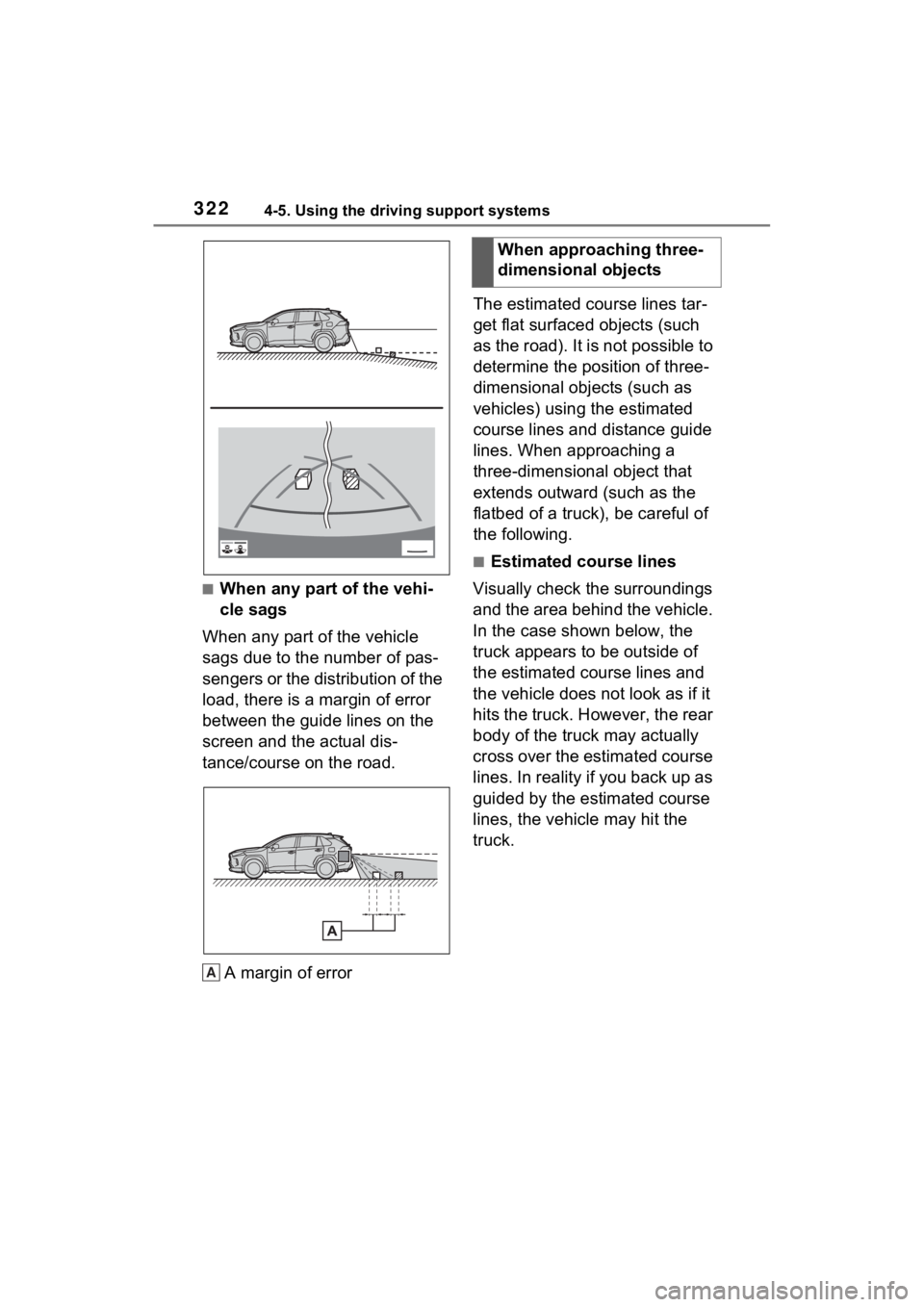 TOYOTA RAV4 HYBRID 2022 Owners Manual 3224-5. Using the driving support systems
■When any part of the vehi-
cle sags
When any part of the vehicle
sags due to the number of pas-
sengers or the distribution of the
load, there is a margi TOYOTA RAV4 HYBRID 2022 Owners Manual 3224-5. Using the driving support systems
■When any part of the vehi-
cle sags
When any part of the vehicle
sags due to the number of pas-
sengers or the distribution of the
load, there is a margi