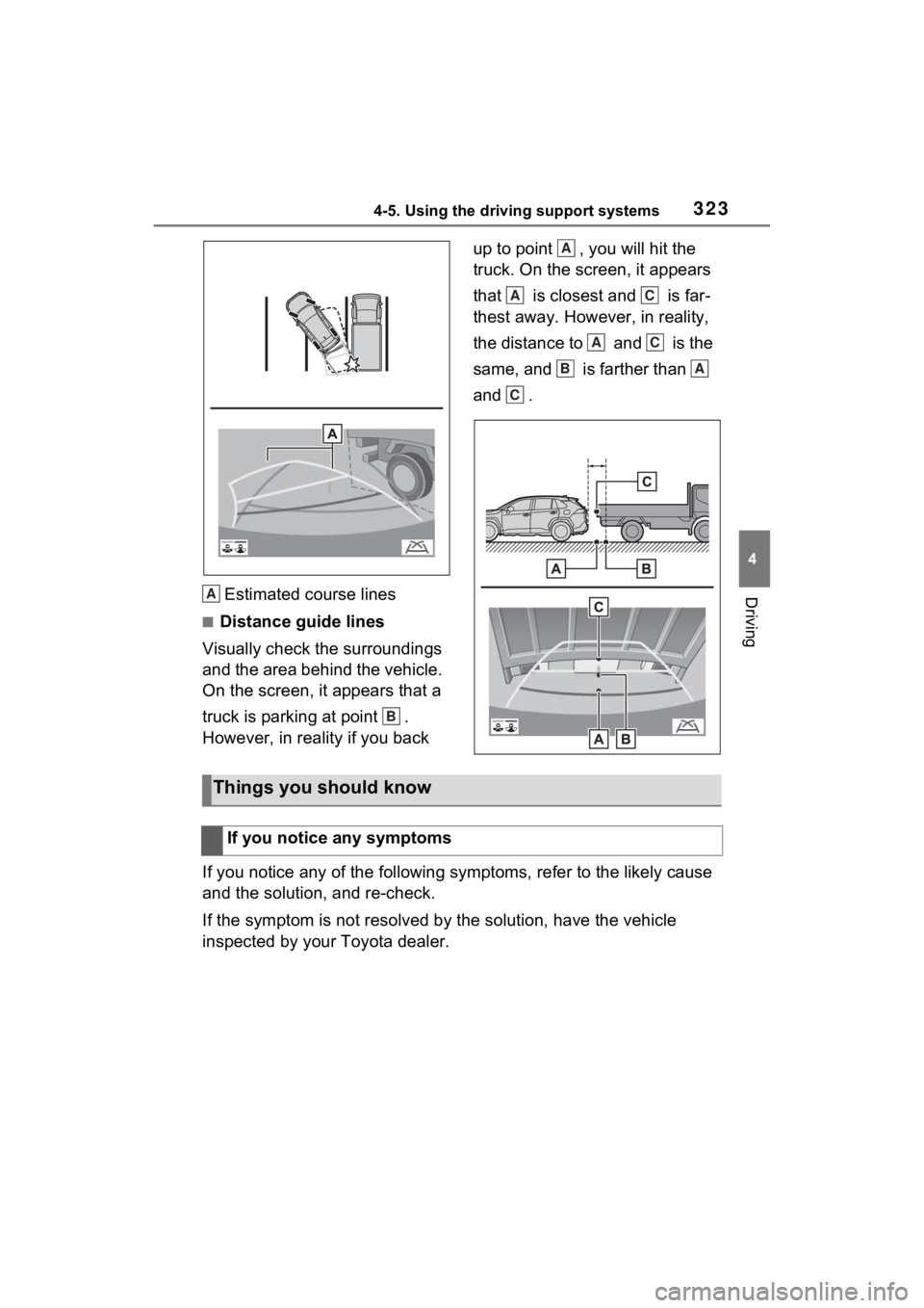 TOYOTA RAV4 HYBRID 2022 Owners Manual 3234-5. Using the driving support systems
4
DrivingEstimated course lines
■Distance guide lines
Visually check the surroundings
and the area behind the vehicle.
On the screen, it appears that a
t TOYOTA RAV4 HYBRID 2022 Owners Manual 3234-5. Using the driving support systems
4
DrivingEstimated course lines
■Distance guide lines
Visually check the surroundings
and the area behind the vehicle.
On the screen, it appears that a
t