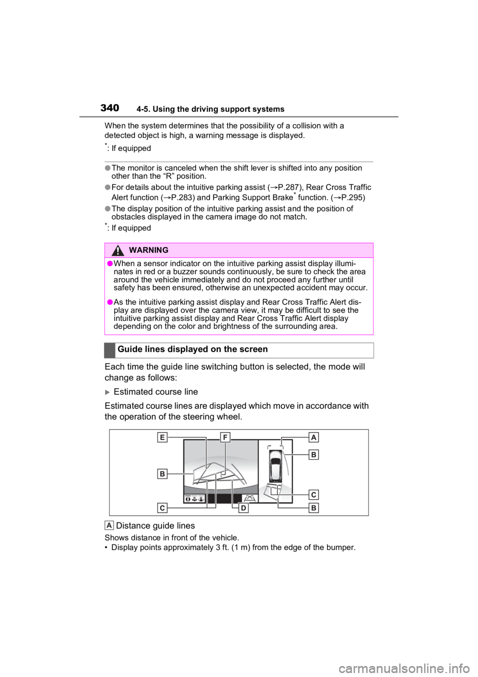 TOYOTA RAV4 HYBRID 2022 Repair Manual 3404-5. Using the driving support systems
When the system determines that the possibility of a collision with a
detected object is high, a warning message is displayed.
*: If equipped
●The monitor TOYOTA RAV4 HYBRID 2022 Repair Manual 3404-5. Using the driving support systems
When the system determines that the possibility of a collision with a
detected object is high, a warning message is displayed.
*: If equipped
●The monitor