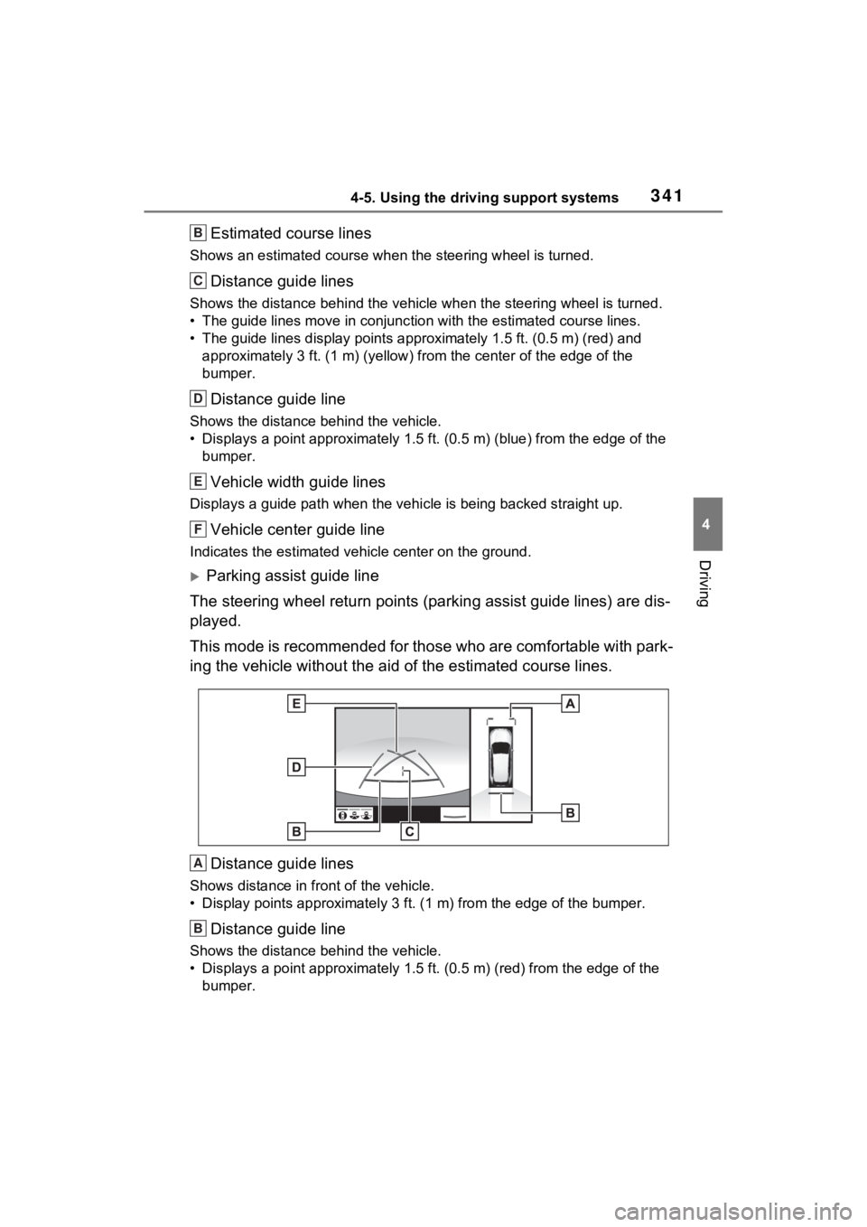 TOYOTA RAV4 HYBRID 2022 Owners Manual 3414-5. Using the driving support systems
4
Driving
Estimated course lines
Shows an estimated course when the steering wheel is turned.
Distance guide lines
Shows the distance behind the vehicle when TOYOTA RAV4 HYBRID 2022 Owners Manual 3414-5. Using the driving support systems
4
Driving
Estimated course lines
Shows an estimated course when the steering wheel is turned.
Distance guide lines
Shows the distance behind the vehicle when