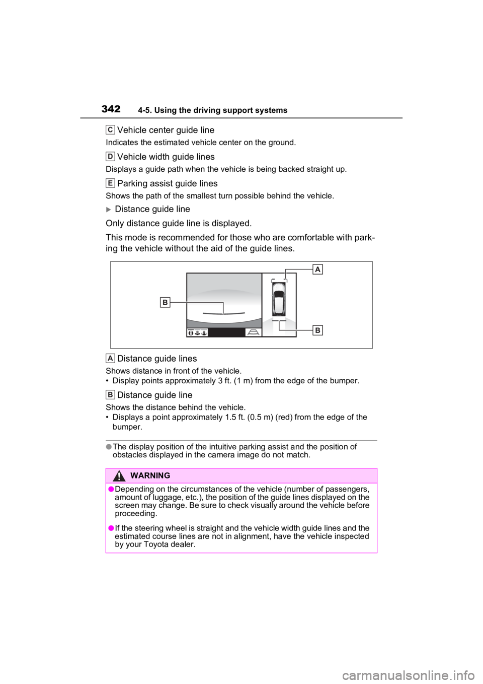TOYOTA RAV4 HYBRID 2022 Owners Manual 3424-5. Using the driving support systems
Vehicle center guide line
Indicates the estimated vehicle center on the ground.
Vehicle width guide lines
Displays a guide path when the vehicle is being back TOYOTA RAV4 HYBRID 2022 Owners Manual 3424-5. Using the driving support systems
Vehicle center guide line
Indicates the estimated vehicle center on the ground.
Vehicle width guide lines
Displays a guide path when the vehicle is being back