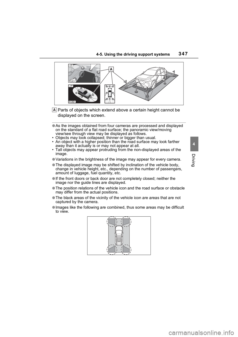 TOYOTA RAV4 HYBRID 2022  Owners Manual 3474-5. Using the driving support systems
4
Driving
Parts of objects which extend above a certain height cannot be 
displayed on the screen.
●As the images obtained from four  cameras are processed 