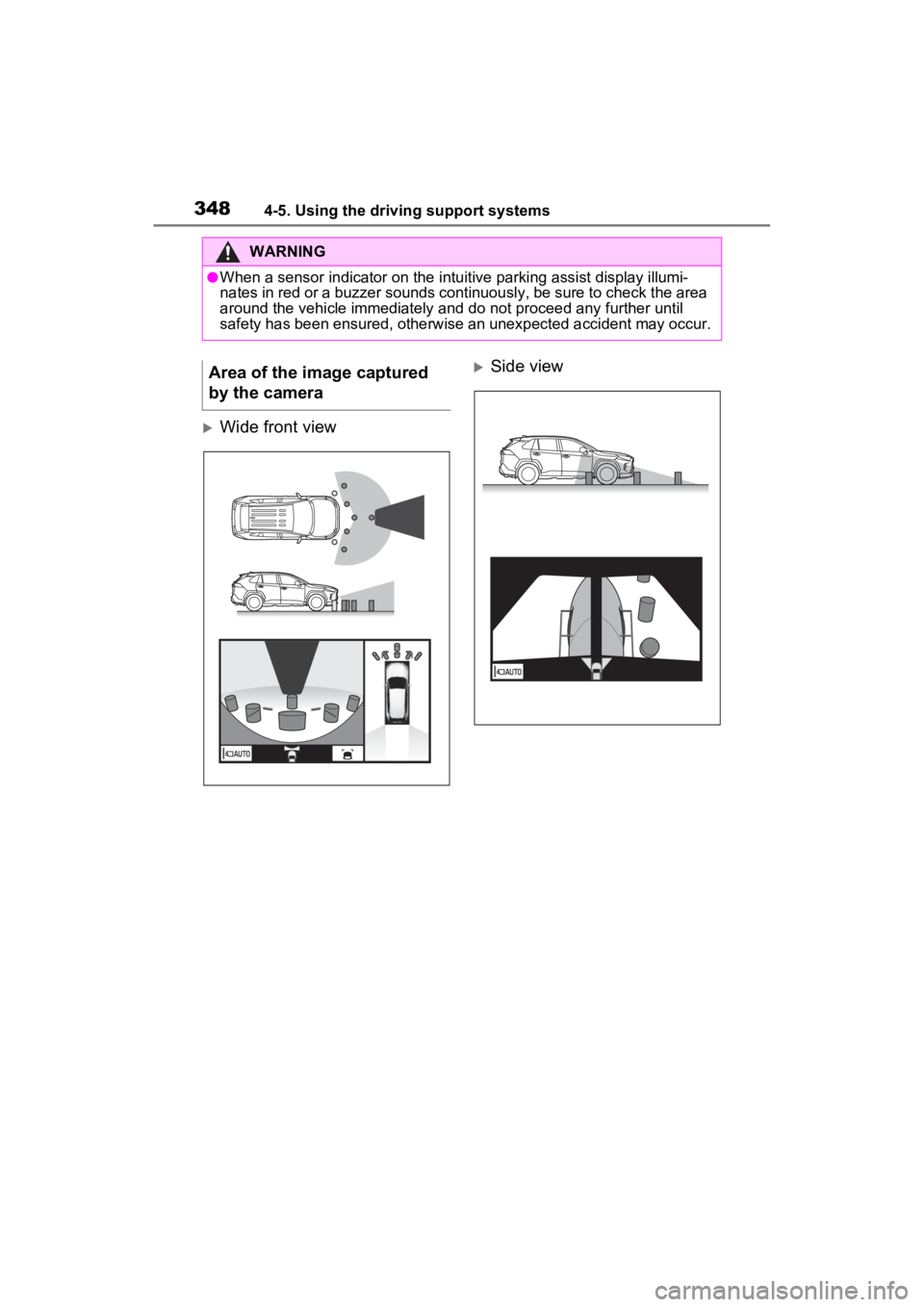 TOYOTA RAV4 HYBRID 2022 Repair Manual 3484-5. Using the driving support systems
Wide front view
Side view
WARNING
●When a sensor indicator on the intuitive parking assist display illumi-
nates in red or a buzzer sounds continuousl