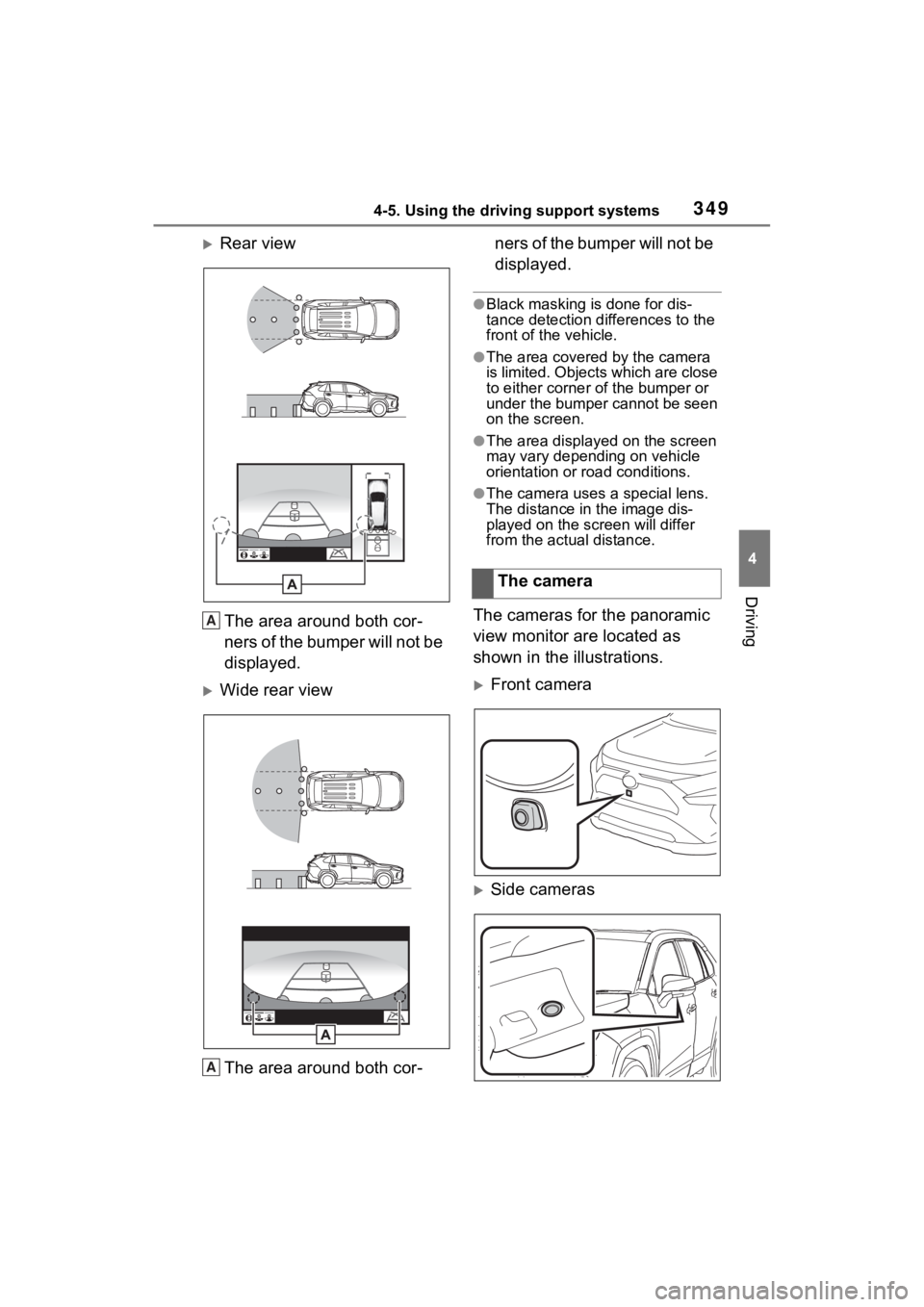 TOYOTA RAV4 HYBRID 2022  Owners Manual 3494-5. Using the driving support systems
4
Driving
Rear viewThe area around both cor-
ners of the bumper will not be 
displayed.
Wide rear viewThe area around both cor- ners of the bumper will 