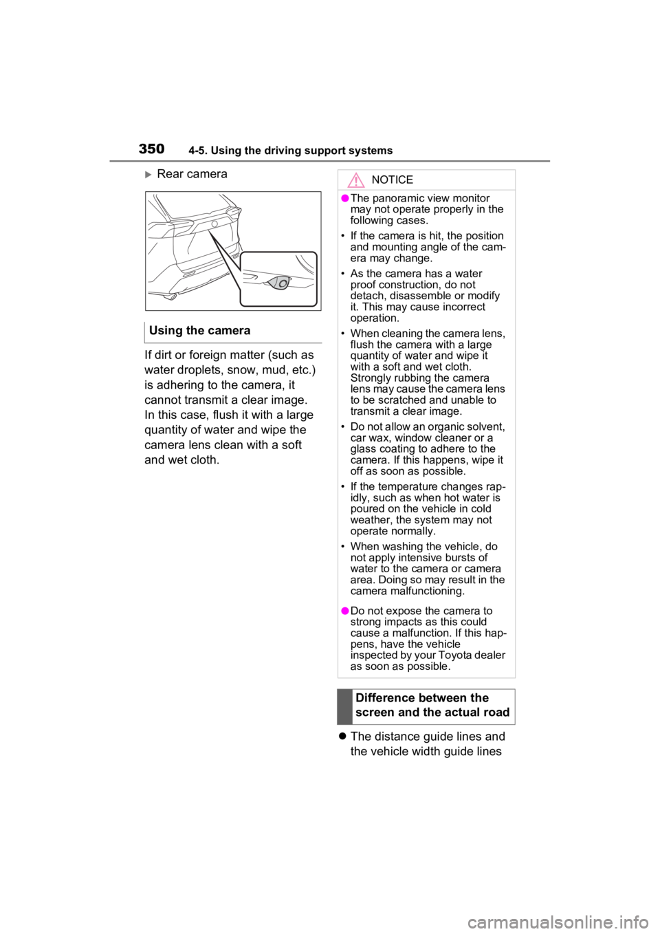 TOYOTA RAV4 HYBRID 2022  Owners Manual 3504-5. Using the driving support systems
Rear camera
If dirt or foreign matter (such as 
water droplets, snow, mud, etc.) 
is adhering to the camera, it 
cannot transmit a clear image. 
In this ca