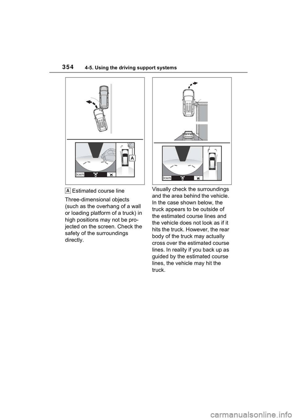 TOYOTA RAV4 HYBRID 2022 Owners Manual 3544-5. Using the driving support systems
Estimated course line
Three-dimensional objects
(such as the overhang of a wall
or loading platform of a truck) in
high positions may not be pro-
jected on TOYOTA RAV4 HYBRID 2022 Owners Manual 3544-5. Using the driving support systems
Estimated course line
Three-dimensional objects
(such as the overhang of a wall
or loading platform of a truck) in
high positions may not be pro-
jected on