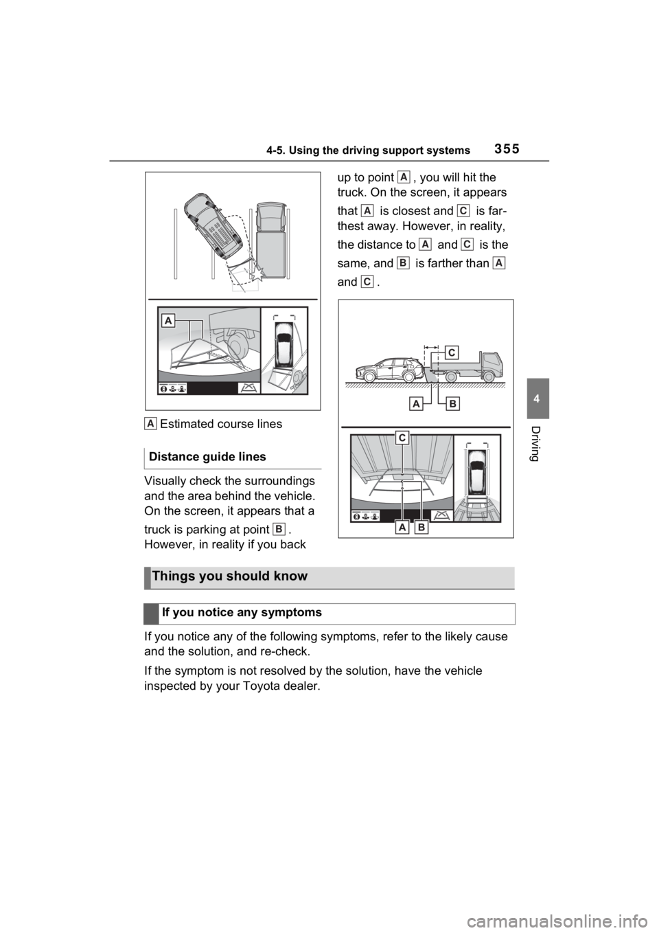 TOYOTA RAV4 HYBRID 2022 Owners Manual 3554-5. Using the driving support systems
4
DrivingEstimated course lines
Visually check the surroundings
and the area behind the vehicle.
On the screen, it appears that a
truck is parking at point TOYOTA RAV4 HYBRID 2022 Owners Manual 3554-5. Using the driving support systems
4
DrivingEstimated course lines
Visually check the surroundings
and the area behind the vehicle.
On the screen, it appears that a
truck is parking at point