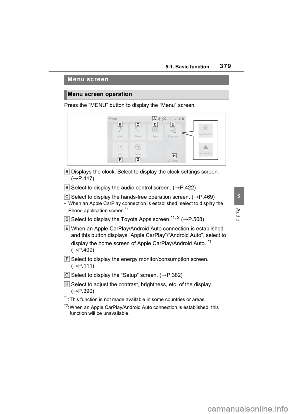 TOYOTA RAV4 HYBRID 2022  Owners Manual 3795-1. Basic function
5
Audio
Press the “MENU” button to display the “Menu” screen.
Displays the clock. Select to display the clock settings screen. 
( P.417)
Select to display the audio c