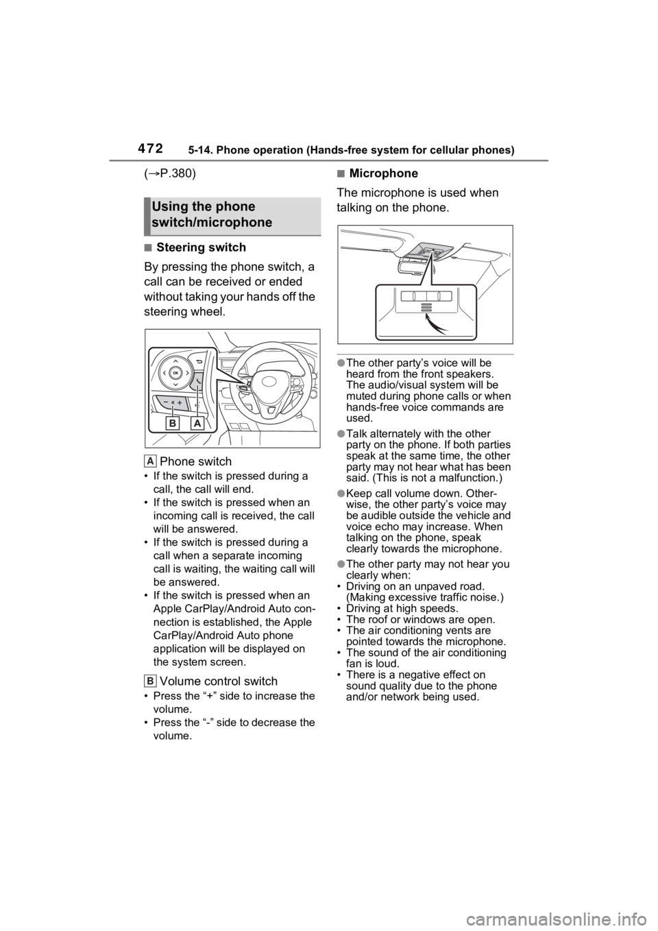 TOYOTA RAV4 HYBRID 2022 Owners Manual 4725-14. Phone operation (Hands-free system for cellular phones)
(P.380)
■Steering switch
By pressing the phone switch, a
call can be received or ended
without taking your hands off the
steeri TOYOTA RAV4 HYBRID 2022 Owners Manual 4725-14. Phone operation (Hands-free system for cellular phones)
(P.380)
■Steering switch
By pressing the phone switch, a
call can be received or ended
without taking your hands off the
steeri