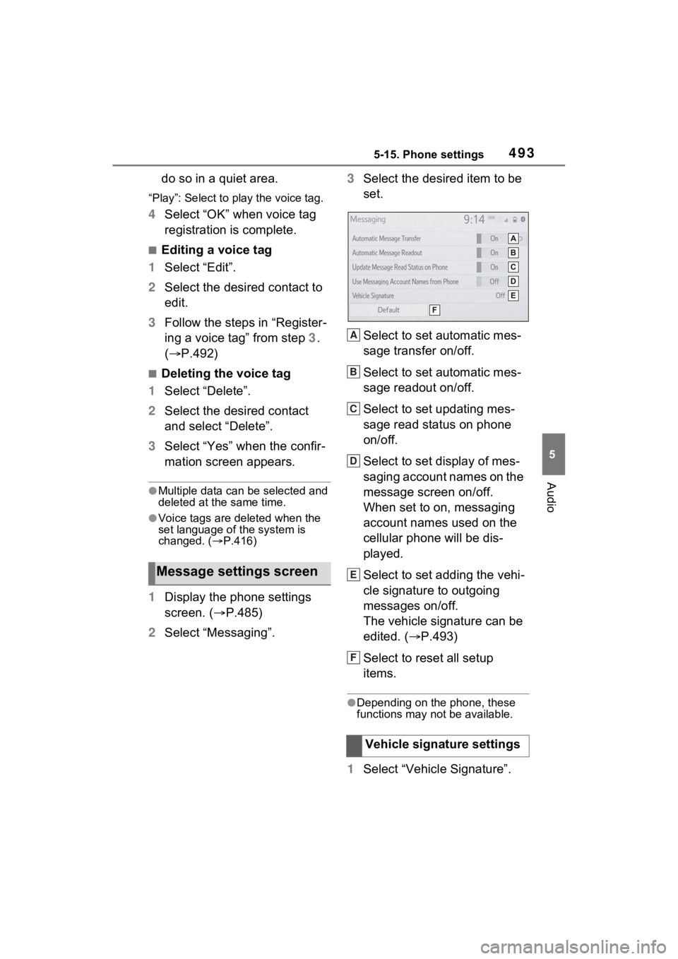 TOYOTA RAV4 HYBRID 2022  Owners Manual 4935-15. Phone settings
5
Audio
do so in a quiet area.
“Play”: Select to play the voice tag.
4Select “OK” when voice tag 
registration is complete.
■Editing a voice tag
1 Select “Edit”.
