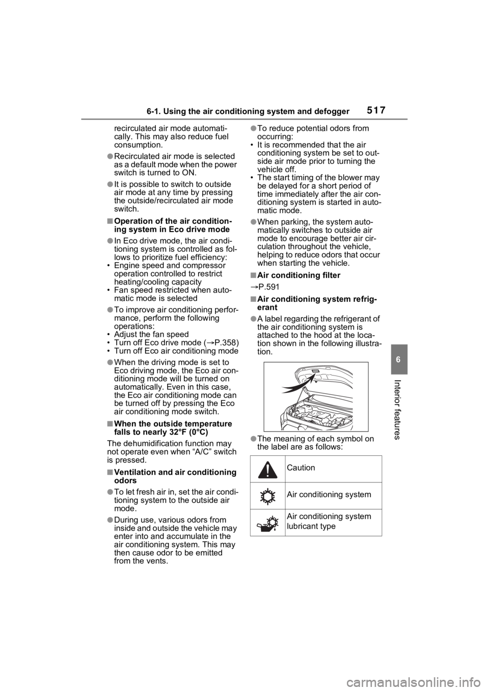 TOYOTA RAV4 HYBRID 2022 User Guide 5176-1. Using the air conditioning system and defogger
6
Interior features
recirculated air mode automati-
cally. This may also reduce fuel 
consumption.
●Recirculated air mode is selected 
as a def