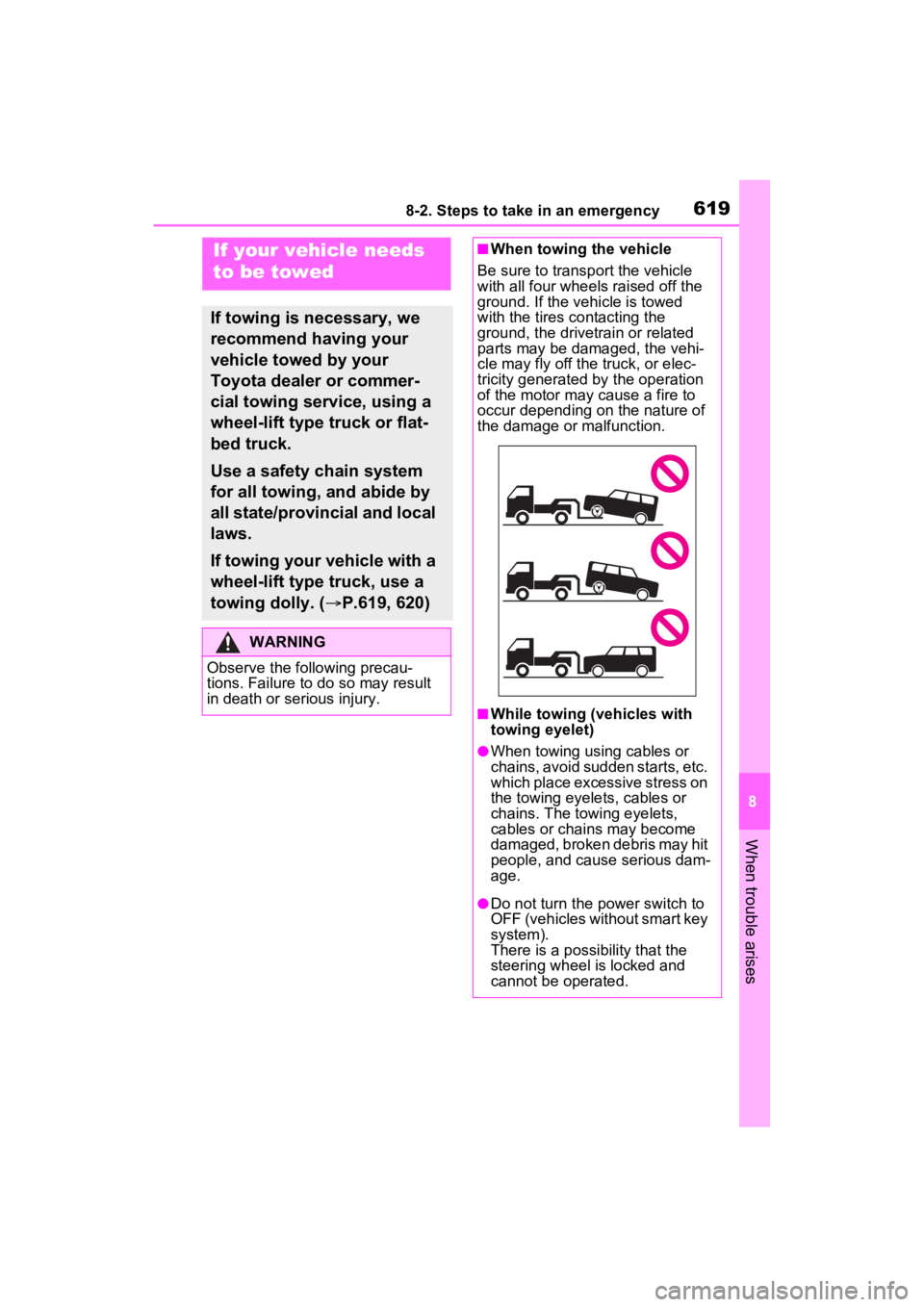 TOYOTA RAV4 HYBRID 2022 Owners Manual 6198-2. Steps to take in an emergency
8
When trouble arises
8-2.Steps to take in an emergency
If your vehicle needs
to be towed
If towing is necessary, we
recommend having your
vehicle towed by you TOYOTA RAV4 HYBRID 2022 Owners Manual 6198-2. Steps to take in an emergency
8
When trouble arises
8-2.Steps to take in an emergency
If your vehicle needs
to be towed
If towing is necessary, we
recommend having your
vehicle towed by you