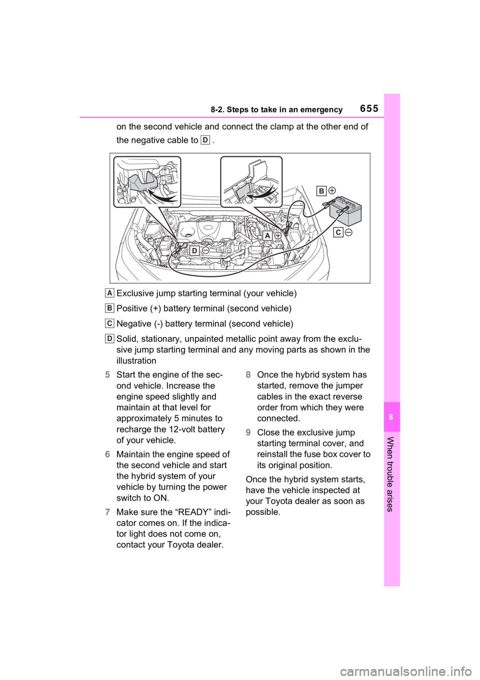 TOYOTA RAV4 HYBRID 2022  Owners Manual 6558-2. Steps to take in an emergency
8
When trouble arises
on the second vehicle and connect the clamp at the other end of 
the negative cable to  .
Exclusive jump starting terminal (your vehicle)
Po