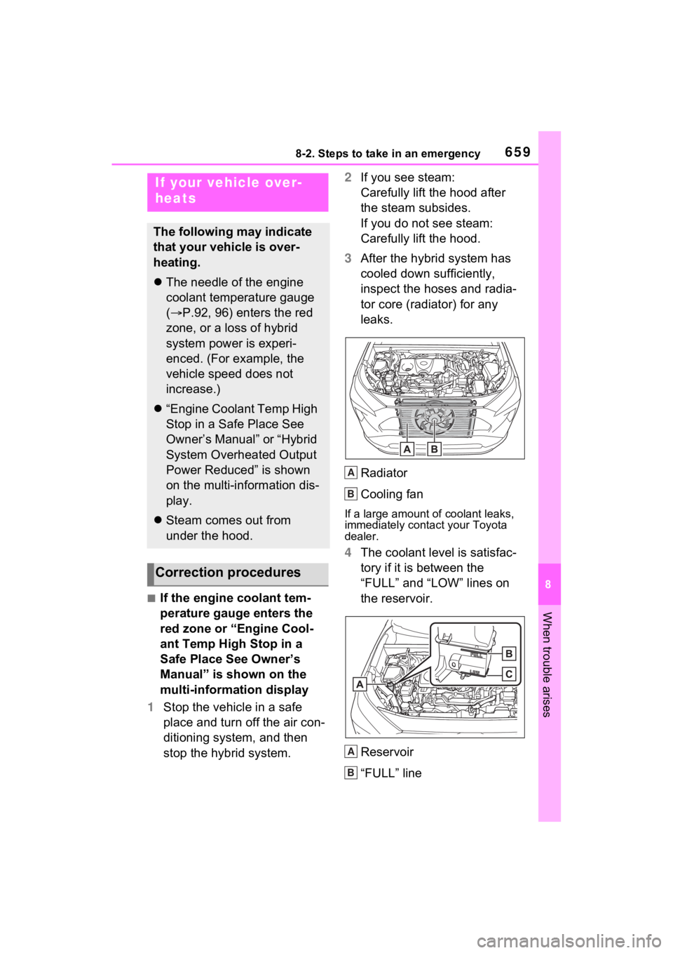 TOYOTA RAV4 HYBRID 2022  Owners Manual 6598-2. Steps to take in an emergency
8
When trouble arises■If the engine coolant tem-
perature gauge enters the 
red zone or “Engine Cool-
ant Temp High Stop in a 
Safe Place See Owner’s 
Manua