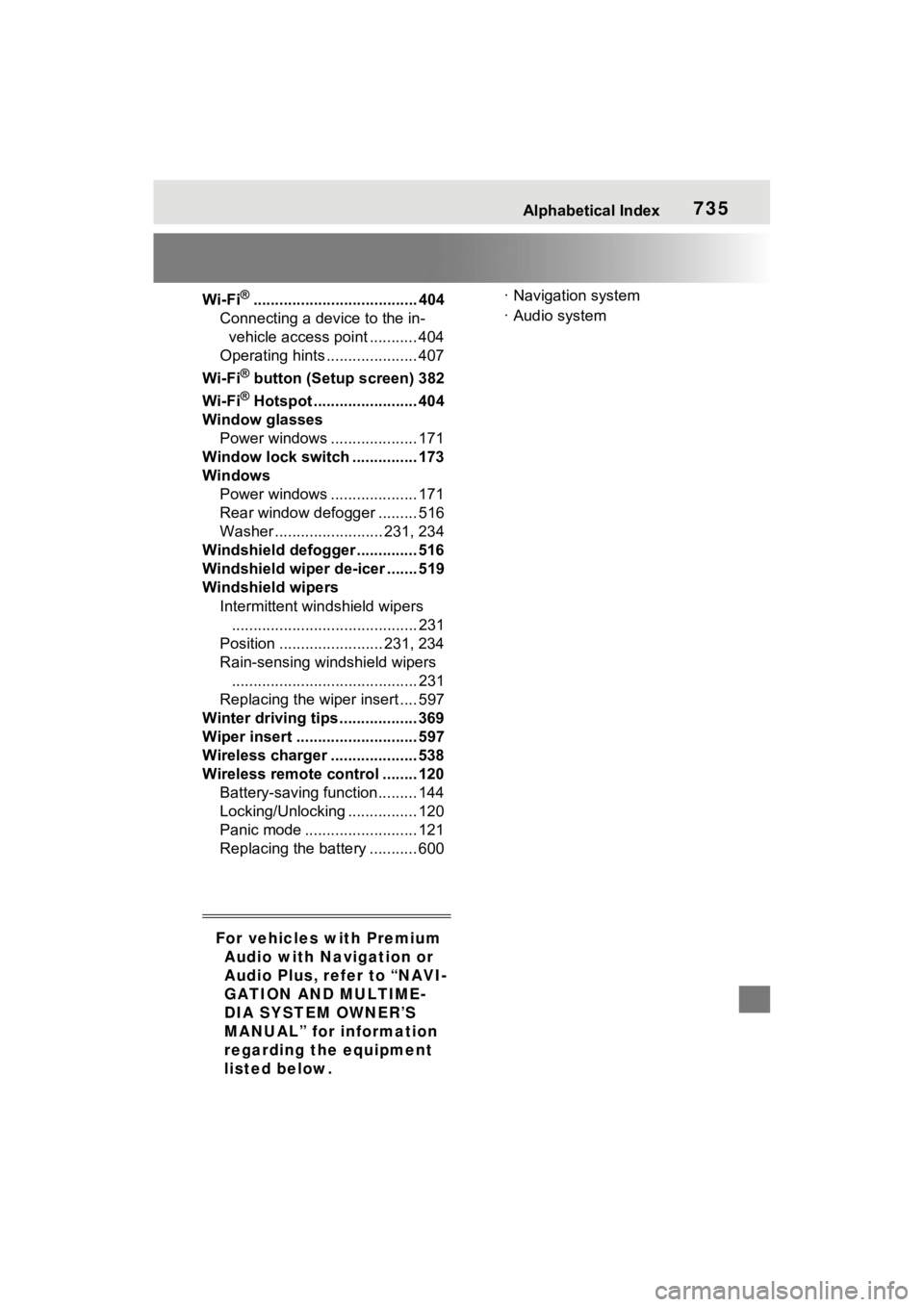 TOYOTA RAV4 HYBRID 2022 Owners Manual Alphabetical Index735
Wi-Fi®...................................... 404
Connecting a device to the in- vehicle access point ........... 404
Operating hints ..................... 407
Wi-Fi
® button (S TOYOTA RAV4 HYBRID 2022 Owners Manual Alphabetical Index735
Wi-Fi®...................................... 404
Connecting a device to the in- vehicle access point ........... 404
Operating hints ..................... 407
Wi-Fi
® button (S